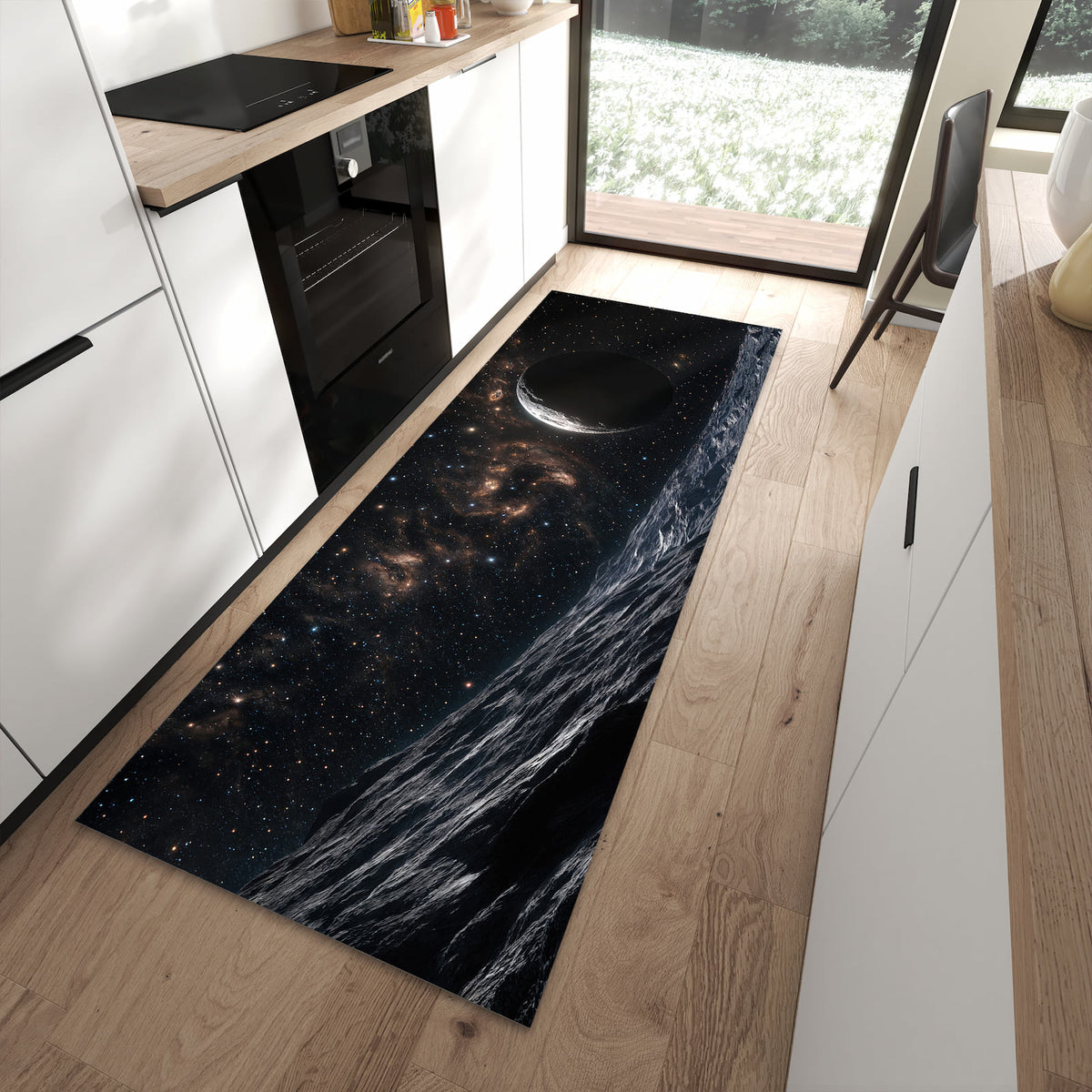 Bodenschonender Küchenläufer mit Motiv Weltraumlandschaft in moderner Küche