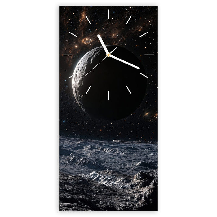 Wanduhr Weltraumlandschaft aus Glas – Hochformat 30 × 60 cm mit Ziffernblatt Linie