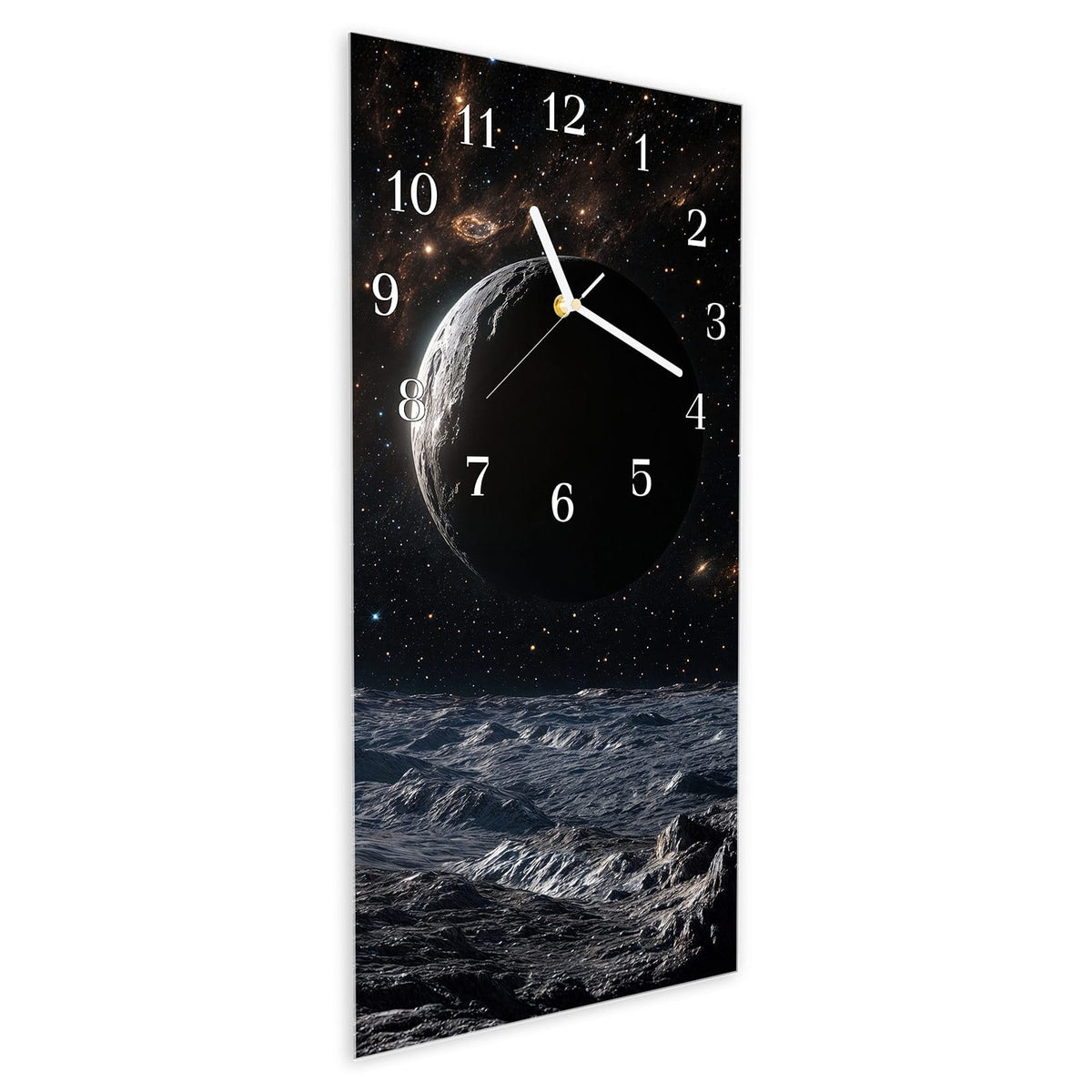 Vormontiert – mit Schwebeeffekt – Wanduhr Weltraumlandschaft aus Glas – Hochformat 30 × 60 cm
