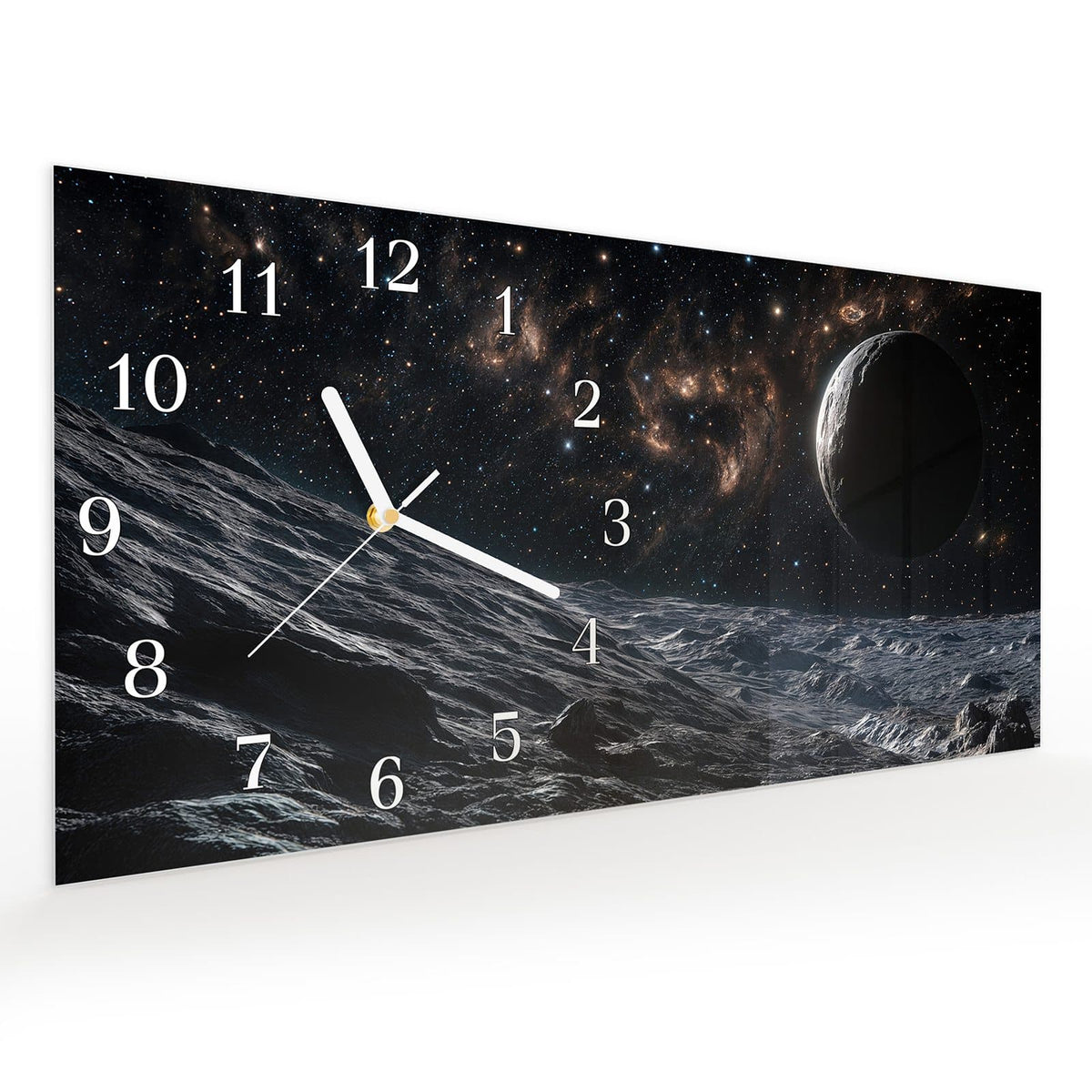 Vormontiert – mit Schwebeeffekt – Wanduhr Weltraumlandschaft aus Glas – Querformat 60 × 30 cm