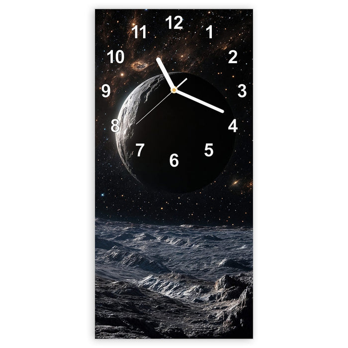 Wanduhr Weltraumlandschaft aus Glas – Hochformat 30 × 60 cm mit Ziffernblatt Modern