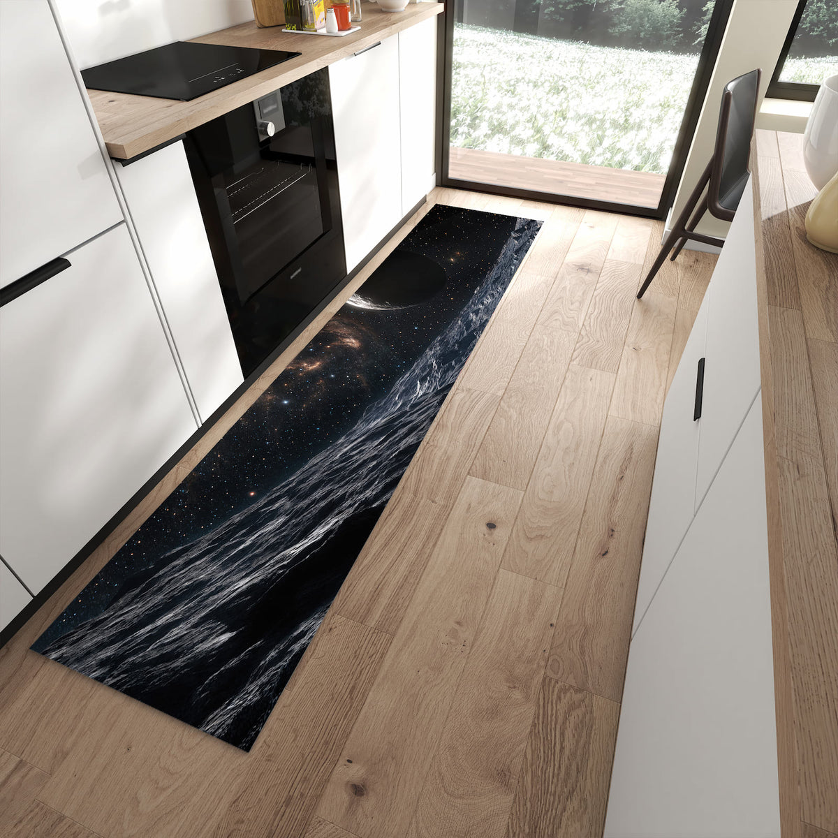 Hygienischer rutschfester Küchenteppich mit Motiv Weltraumlandschaft in moderner Küche