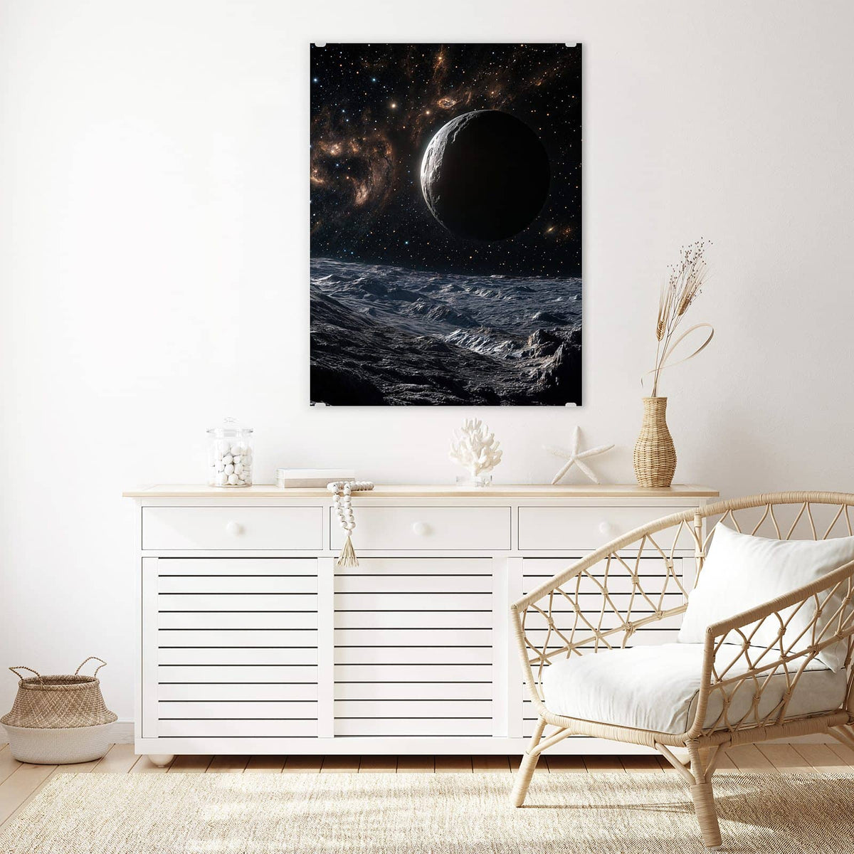 Aufhängung liegt bei – Motiv später wechselbar – Wandbild - Mondlandschaft im All - Hochformat