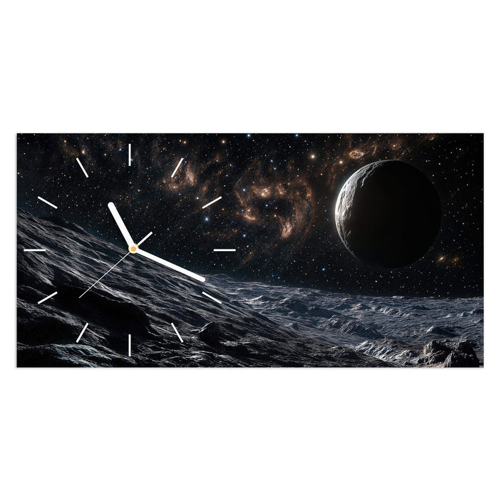 Wanduhr Weltraumlandschaft aus Glas – Querformat 60 × 30 cm mit Ziffernblatt Linie