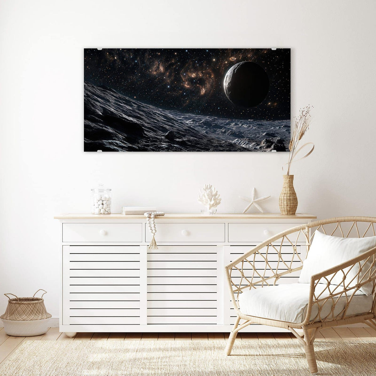 Echtglas, 4 mm – kein Acryl, keine Folie – Wandbild - Mondlandschaft im All - Querformat