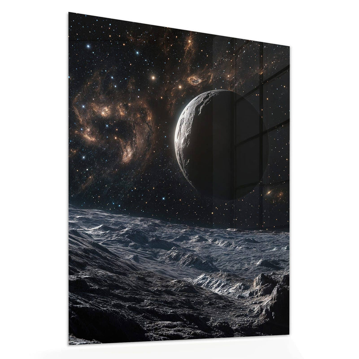 Echtglas, 4 mm – kein Acryl, keine Folie – Wandbild - Mondlandschaft im All - Hochformat