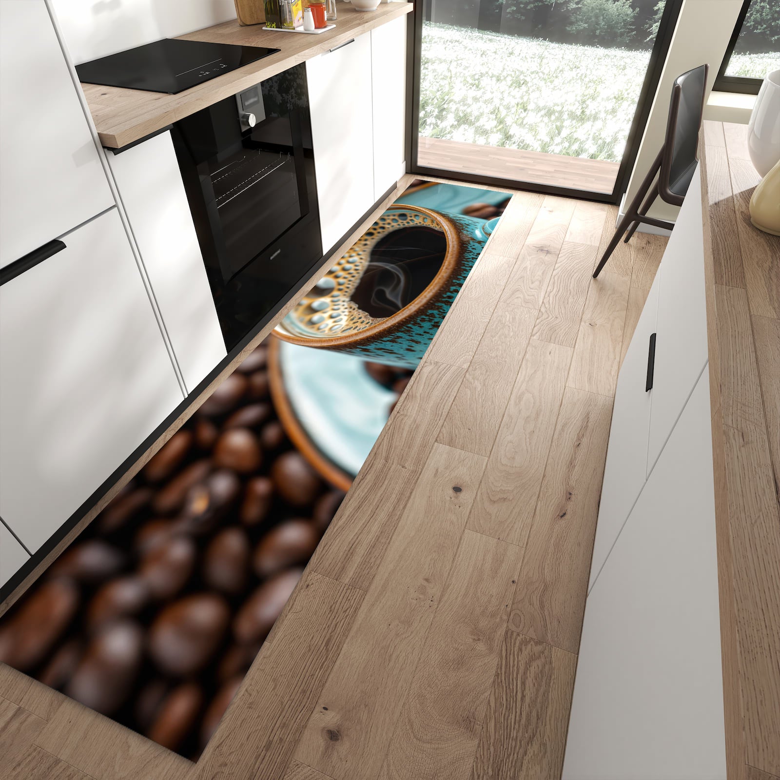 Abriebfester Küchenteppich mit Motiv Kaffee mit Tasse in moderner Küche