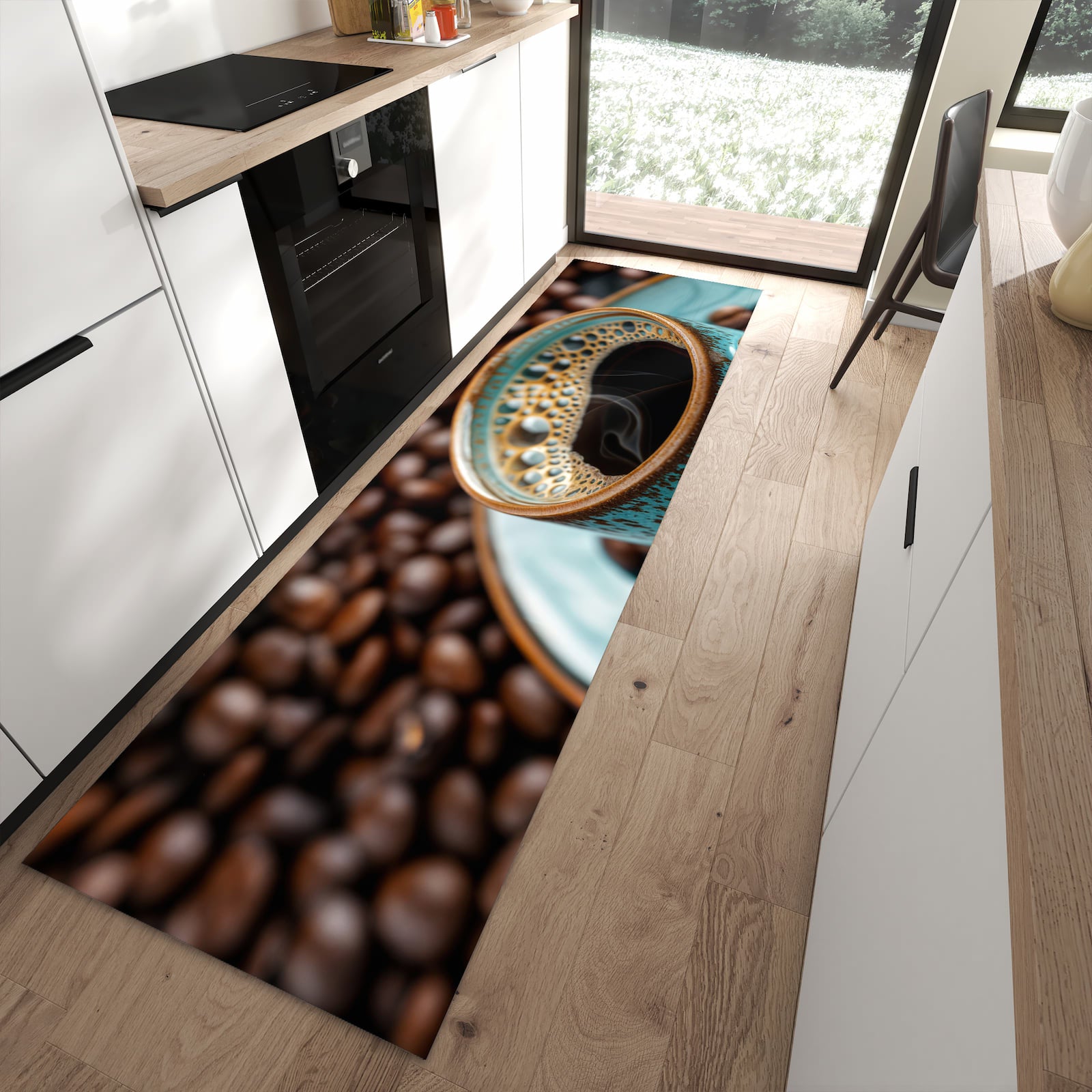 Fleckenresistenter Küchenteppich mit Motiv Kaffee mit Tasse in moderner Küche