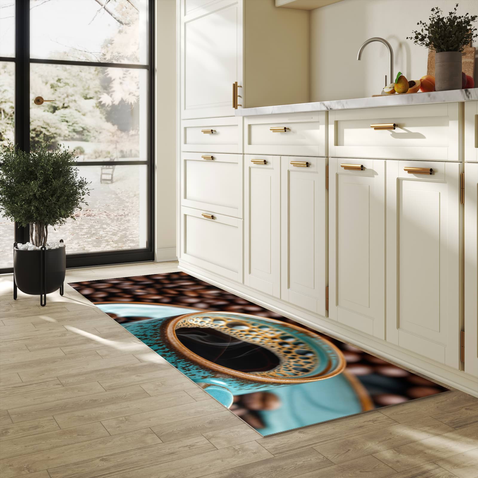 Bodenschonender Küchenteppich mit Motiv Kaffee mit Tasse in heller Küche