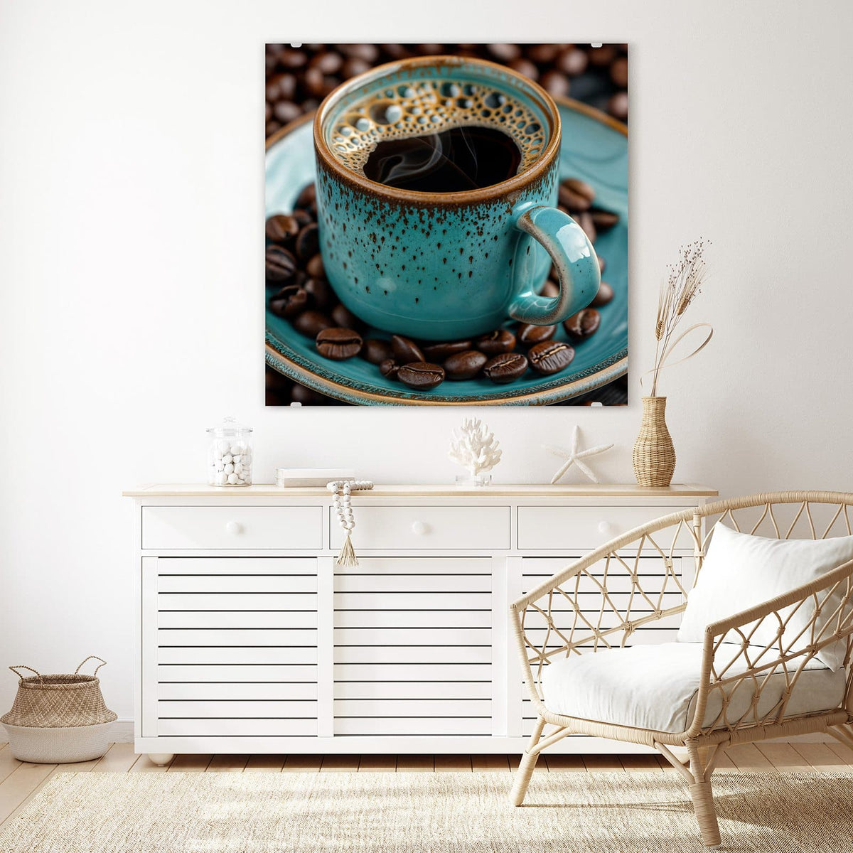 Echtglas, 4 mm – kein Acryl, keine Folie – Wandbild - Türkise Kaffeetasse - Quadratisch