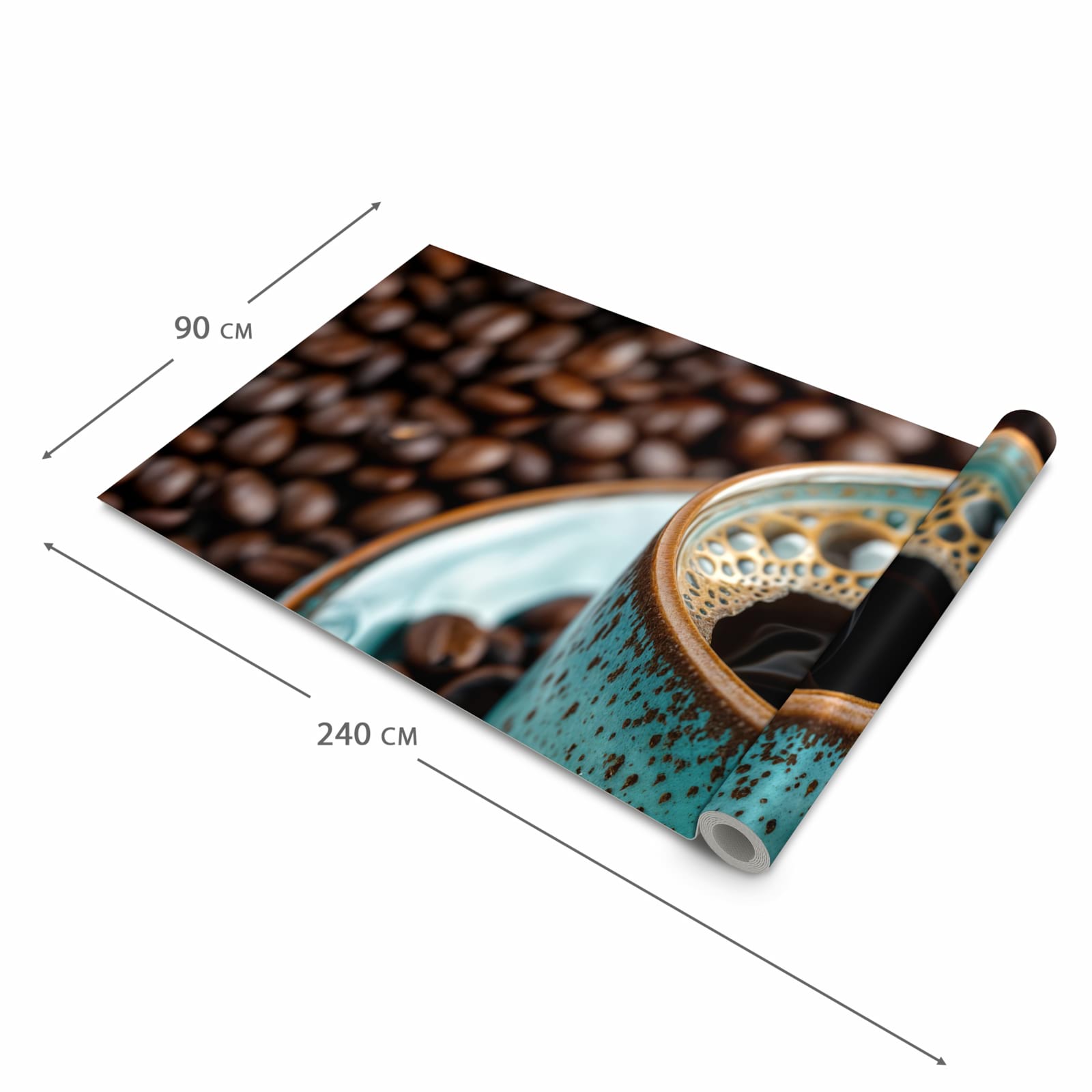 Flacher rutschfester Läufer mit Motiv Kaffee mit Tasse in der Grösse 80x300 cm