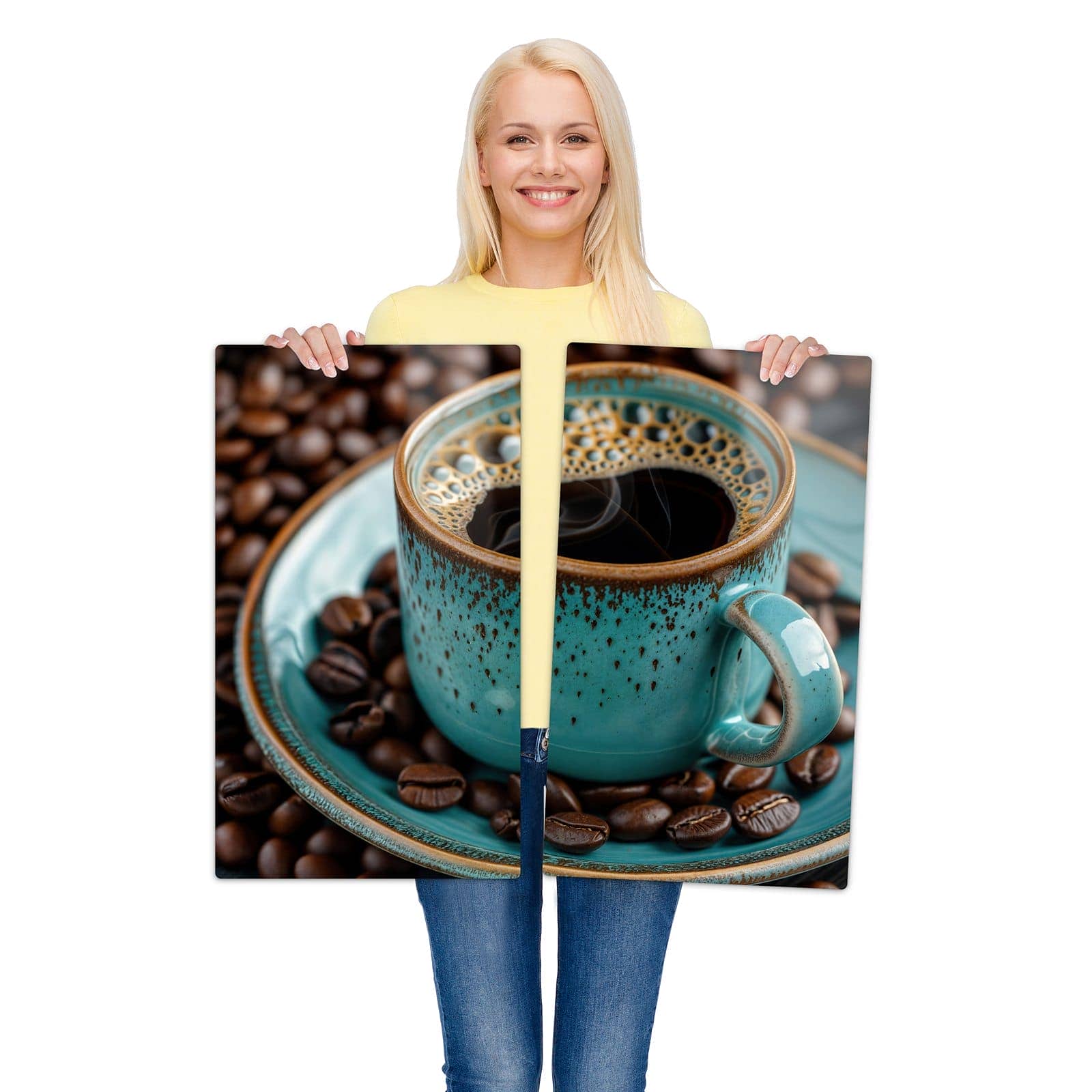 2-teilige Herdabdeckplatte für Ceranfeld mit Kaffee mit Tasse-Motiv wird zur Größendarstellung gehalten