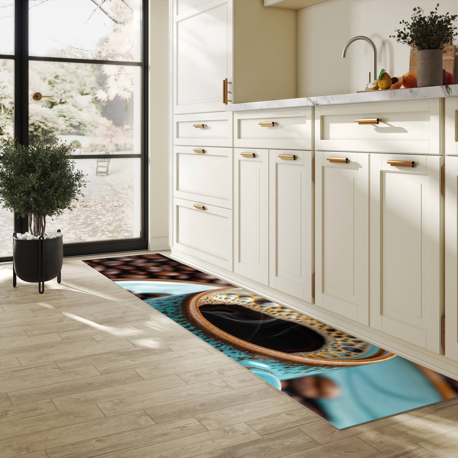 Langlebiger Küchenteppich mit Motiv Kaffee mit Tasse in heller Küche