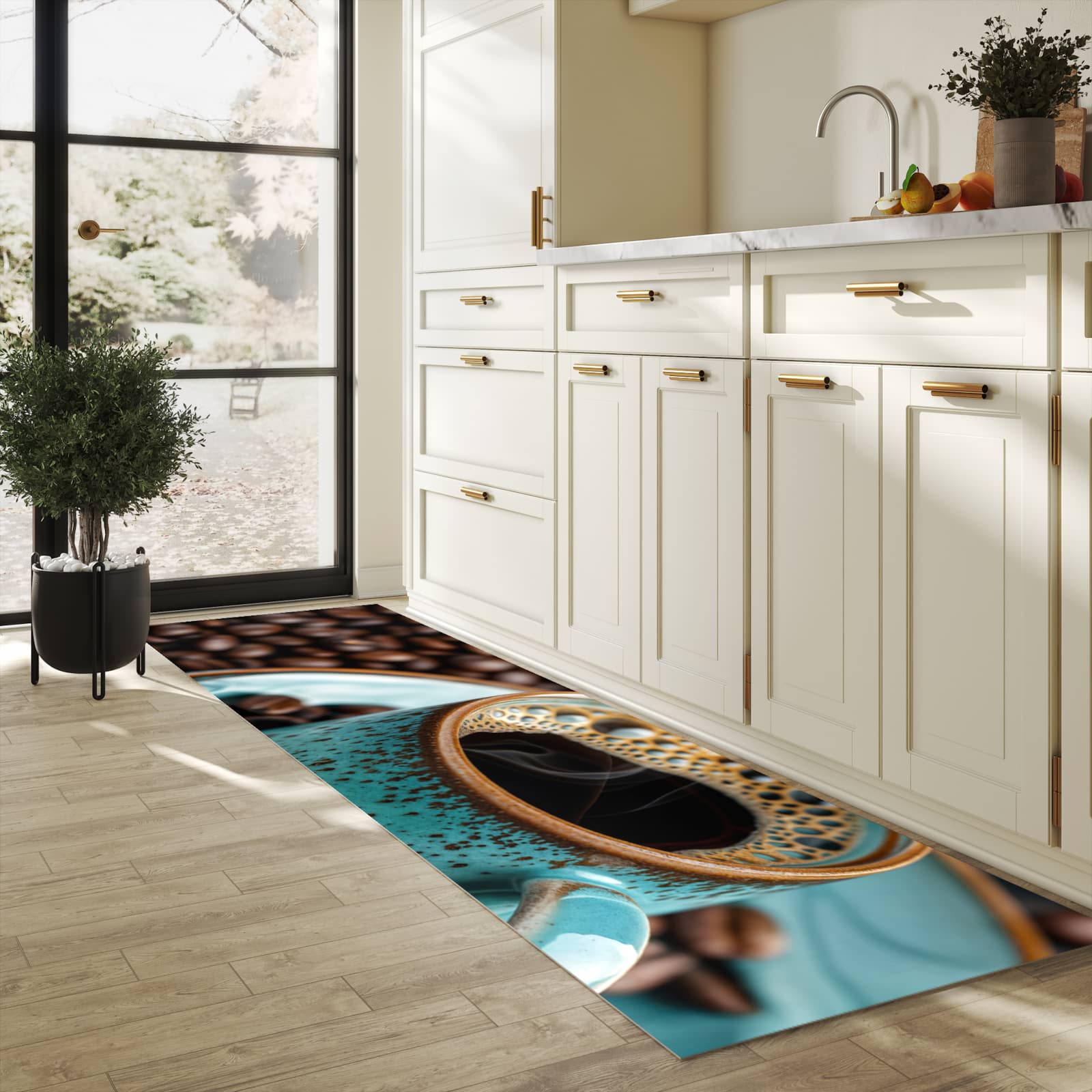 Bodenschonender Küchenteppich mit Motiv Kaffee mit Tasse in heller Küche