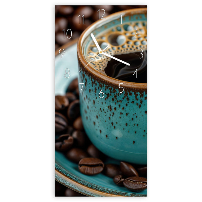 Wanduhr Kaffee mit Tasse aus Glas – Hochformat 30 × 60 cm mit Ziffernblatt Elegant