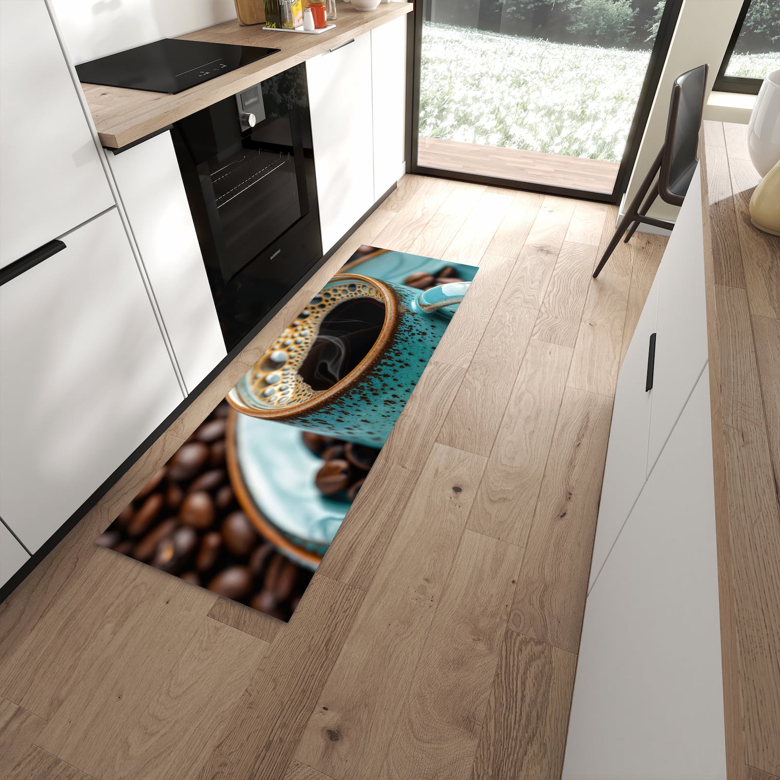 Abwaschbarer Küchenläufer mit Motiv Kaffee mit Tasse in moderner Küche