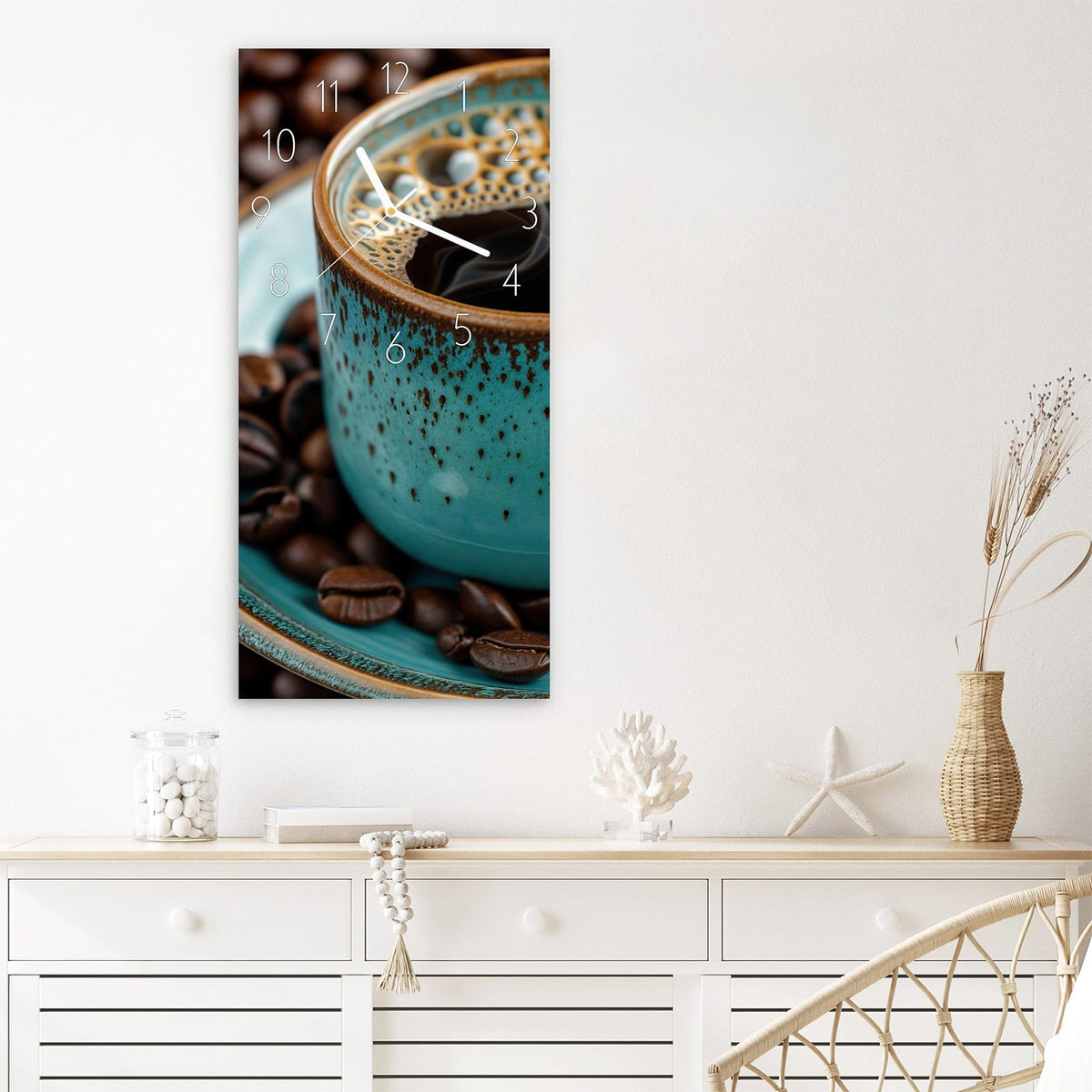 Wanduhr Kaffee mit Tasse aus Glas – Türkise Tasse mit Kaffeebohnen