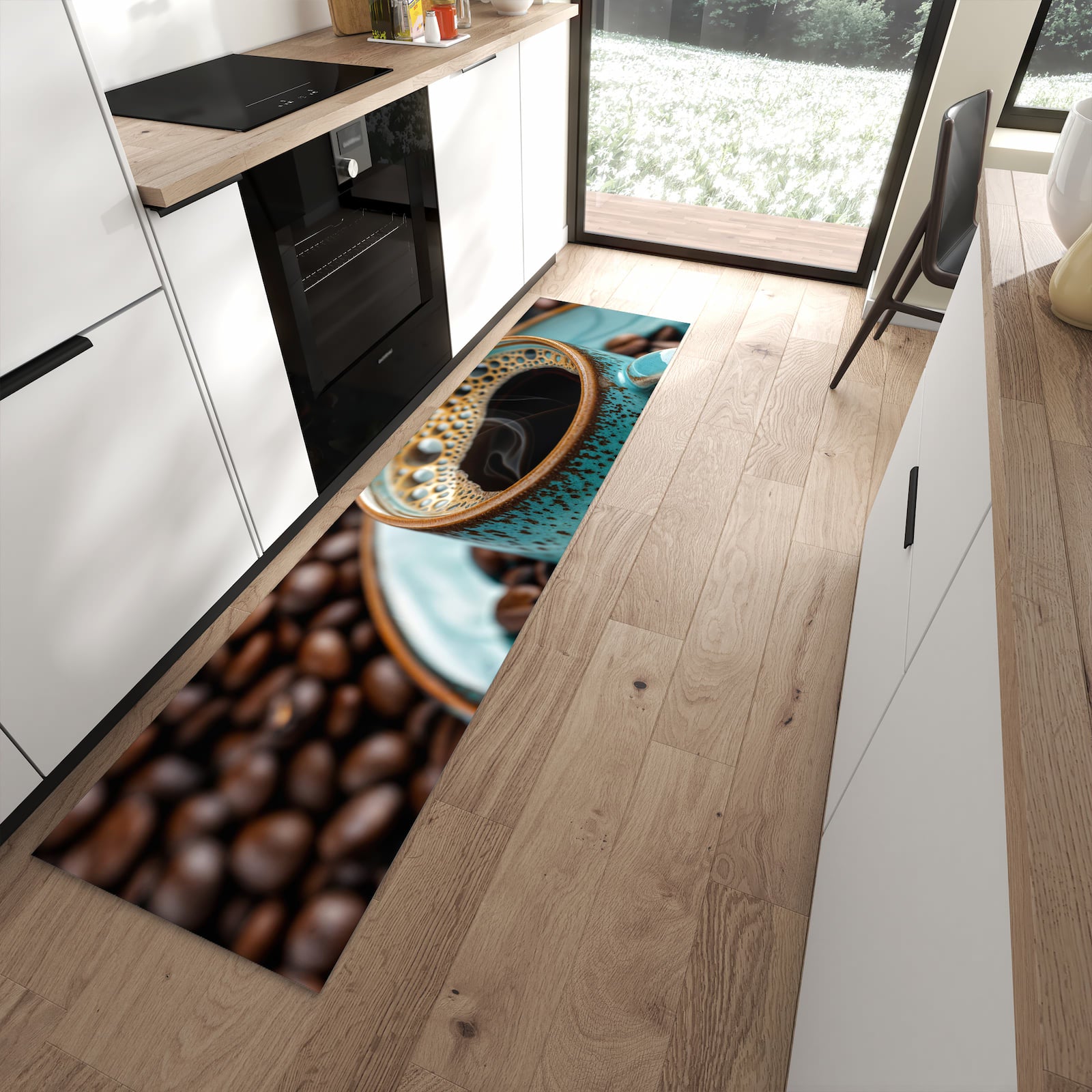 Zeitsparender abwaschbarer Küchenteppich mit Motiv Kaffee mit Tasse in moderner Küche