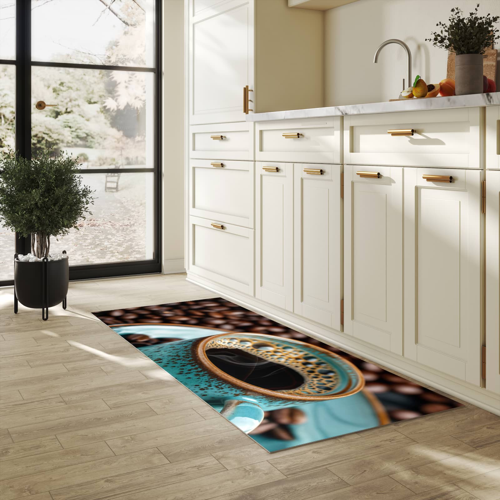 Feuchtigkeitsresistenter Teppich für die Küche mit Motiv Kaffee mit Tasse in heller Küche
