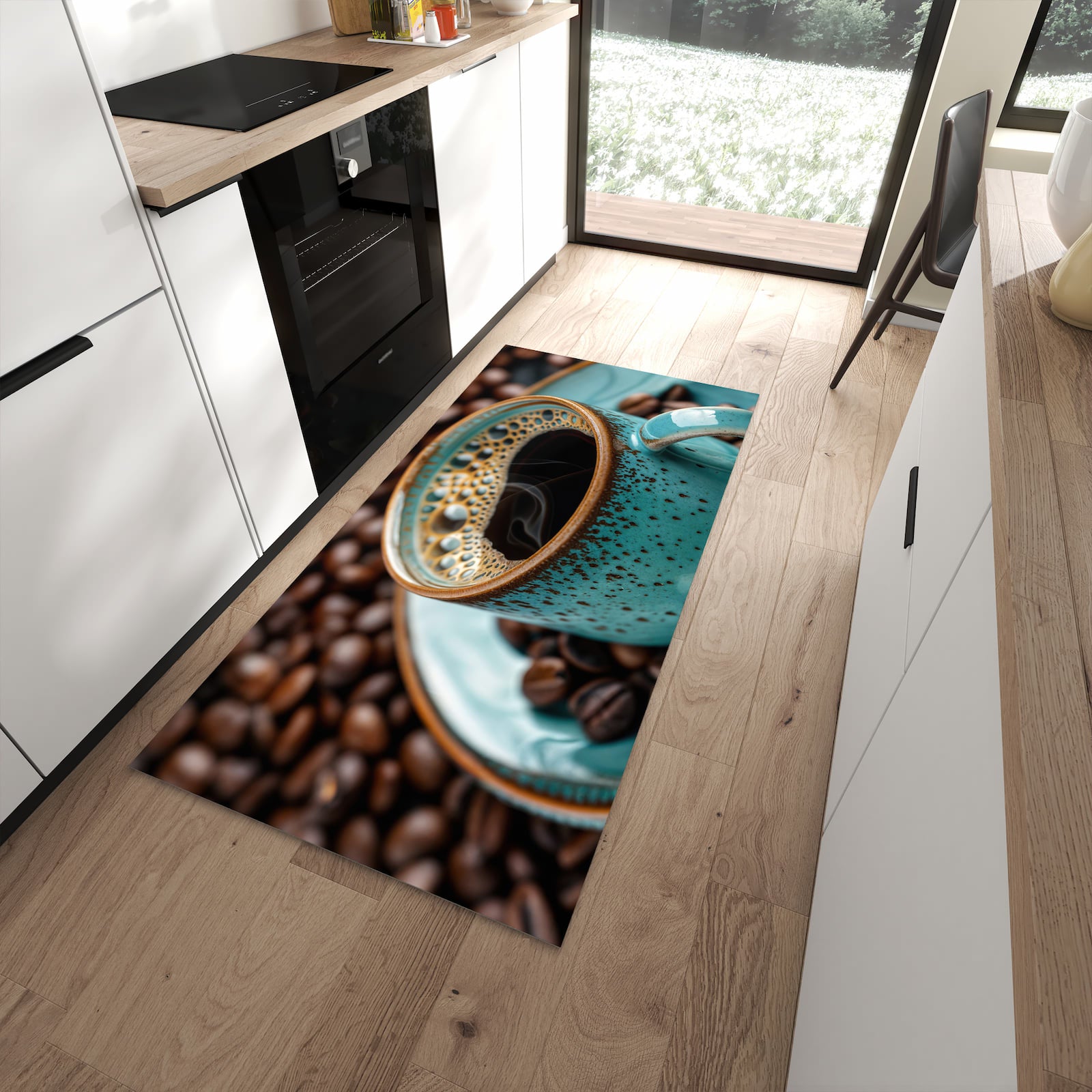 Geruchsneutraler Teppich in Küche mit Motiv Kaffee mit Tasse in moderner Küche