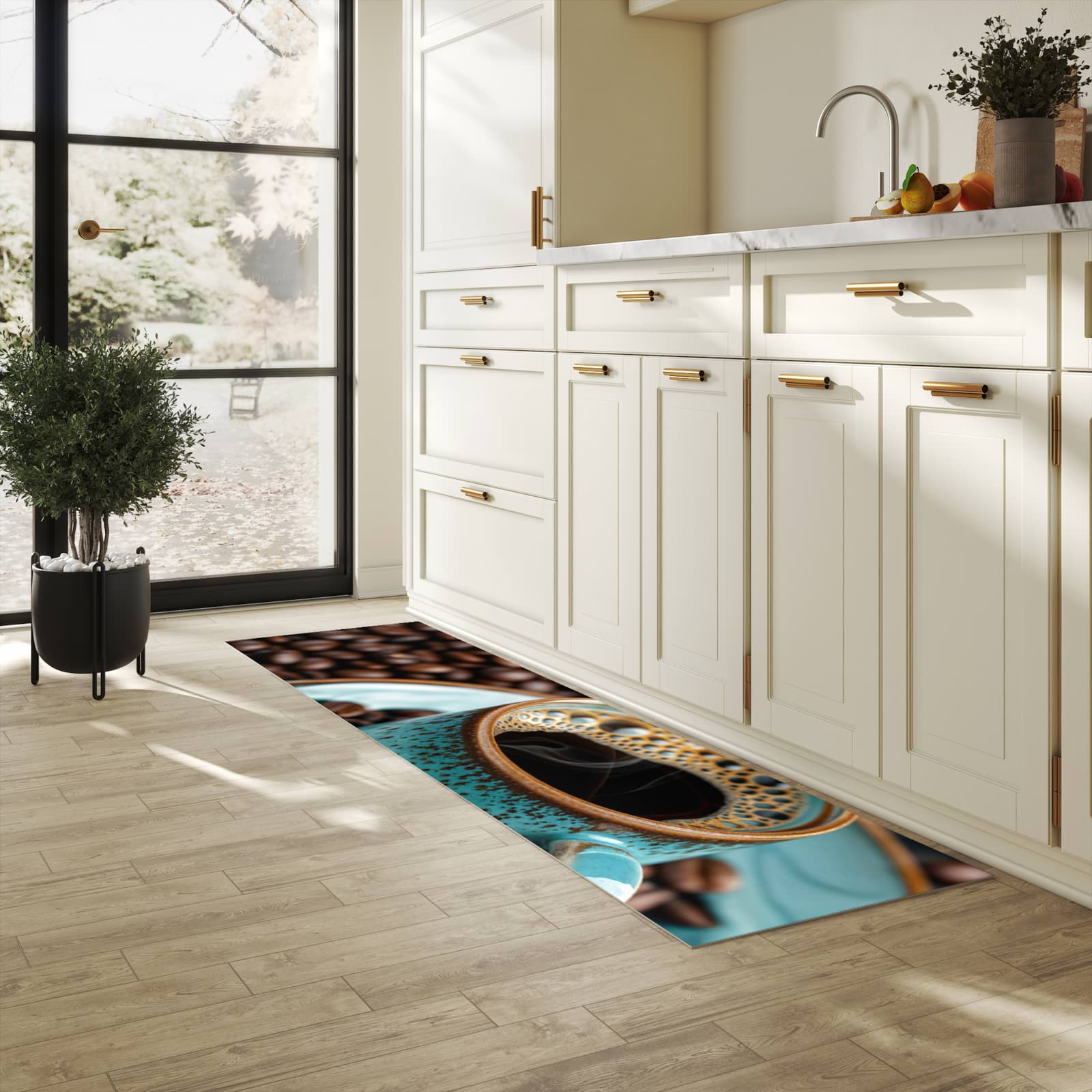 Strapazierfähiger Küchenteppich mit Motiv Kaffee mit Tasse in heller Küche