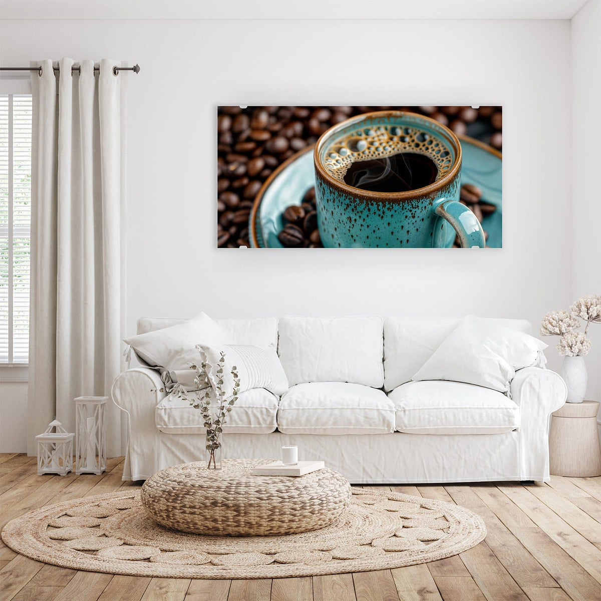 Wandbild - Türkise Kaffeetasse - Querformat – Türkise Tasse mit Kaffeebohnen