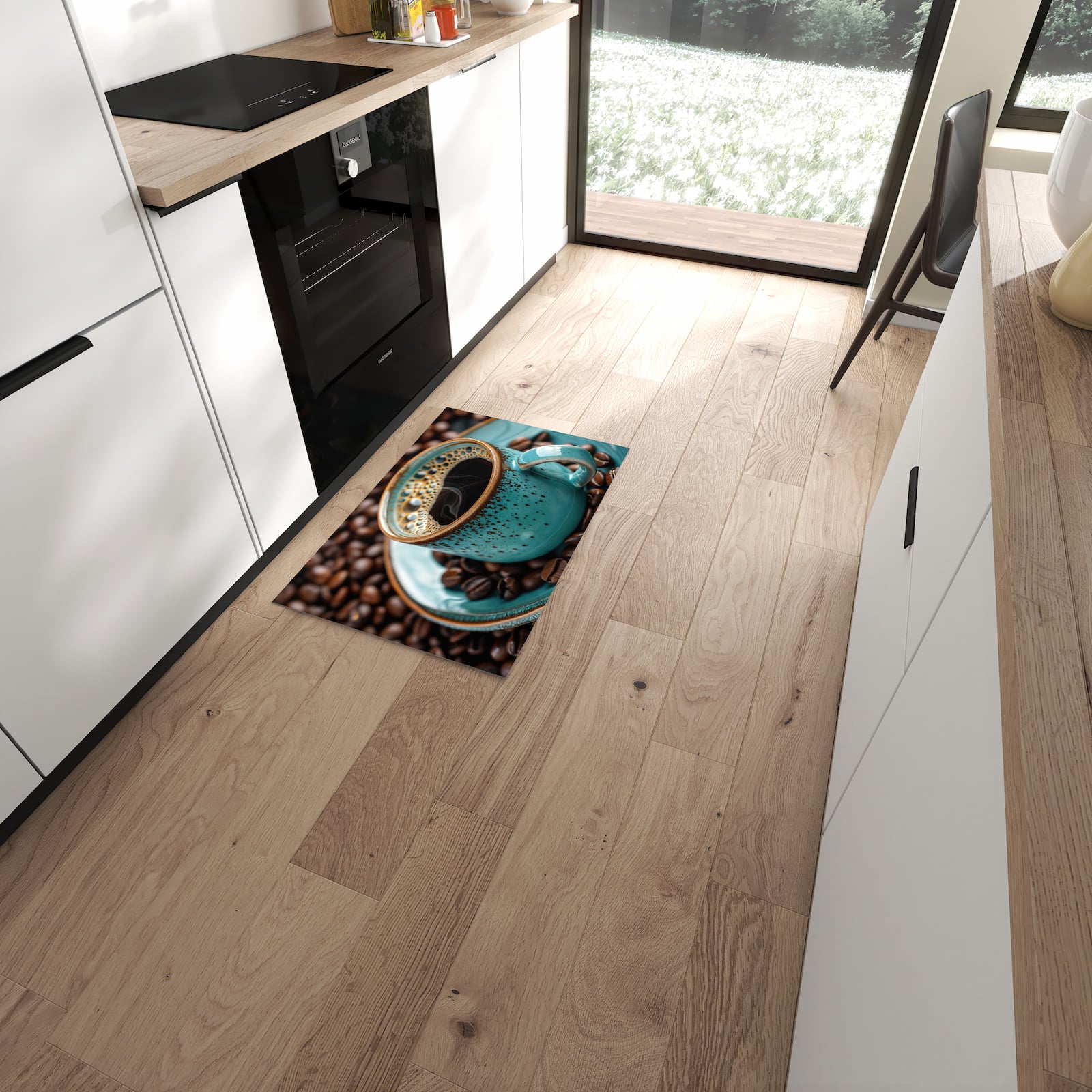 UV-beständiger Teppich für Küche mit Motiv Kaffee mit Tasse in moderner Küche
