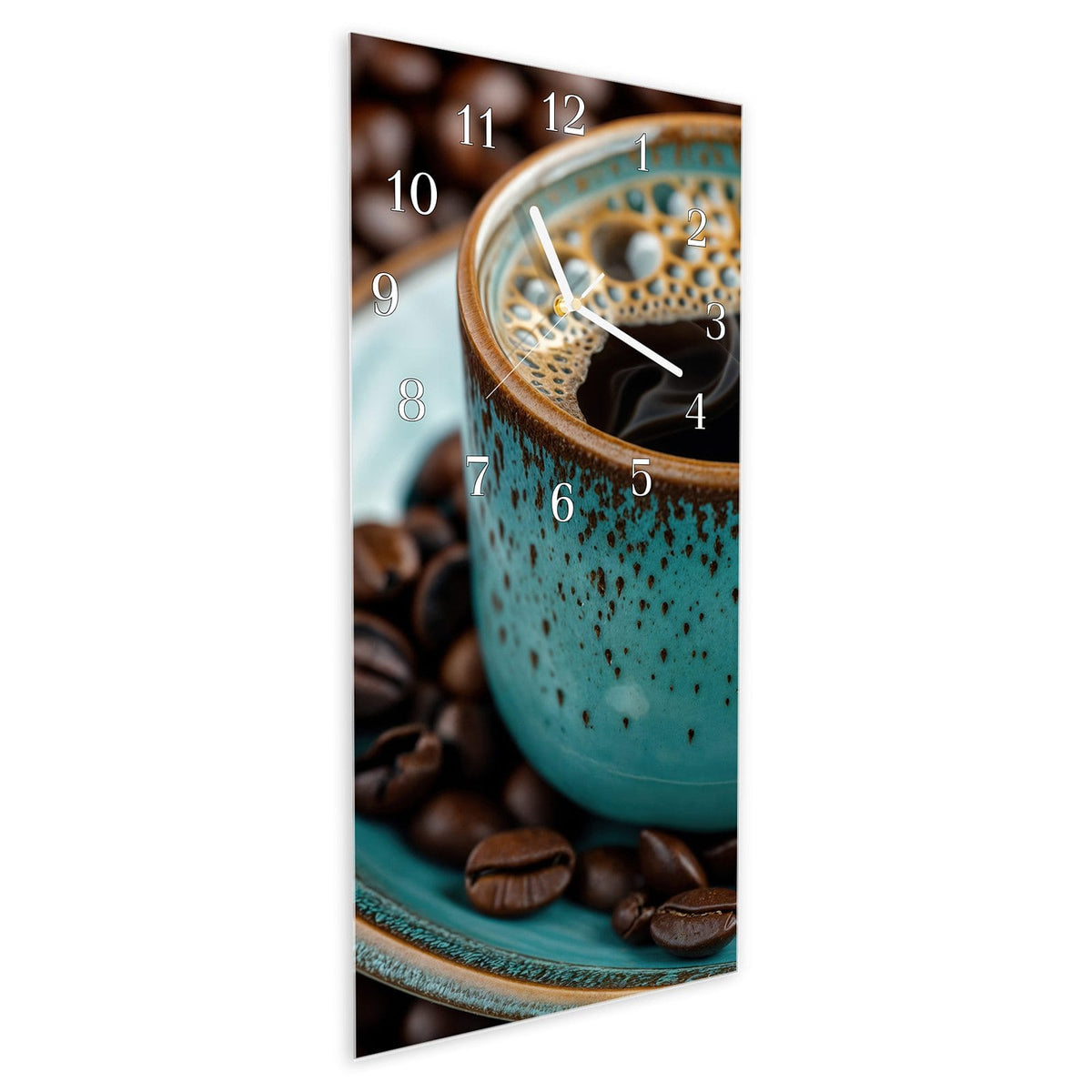 Vormontiert – mit Schwebeeffekt – Wanduhr Kaffee mit Tasse aus Glas – Hochformat 30 × 60 cm