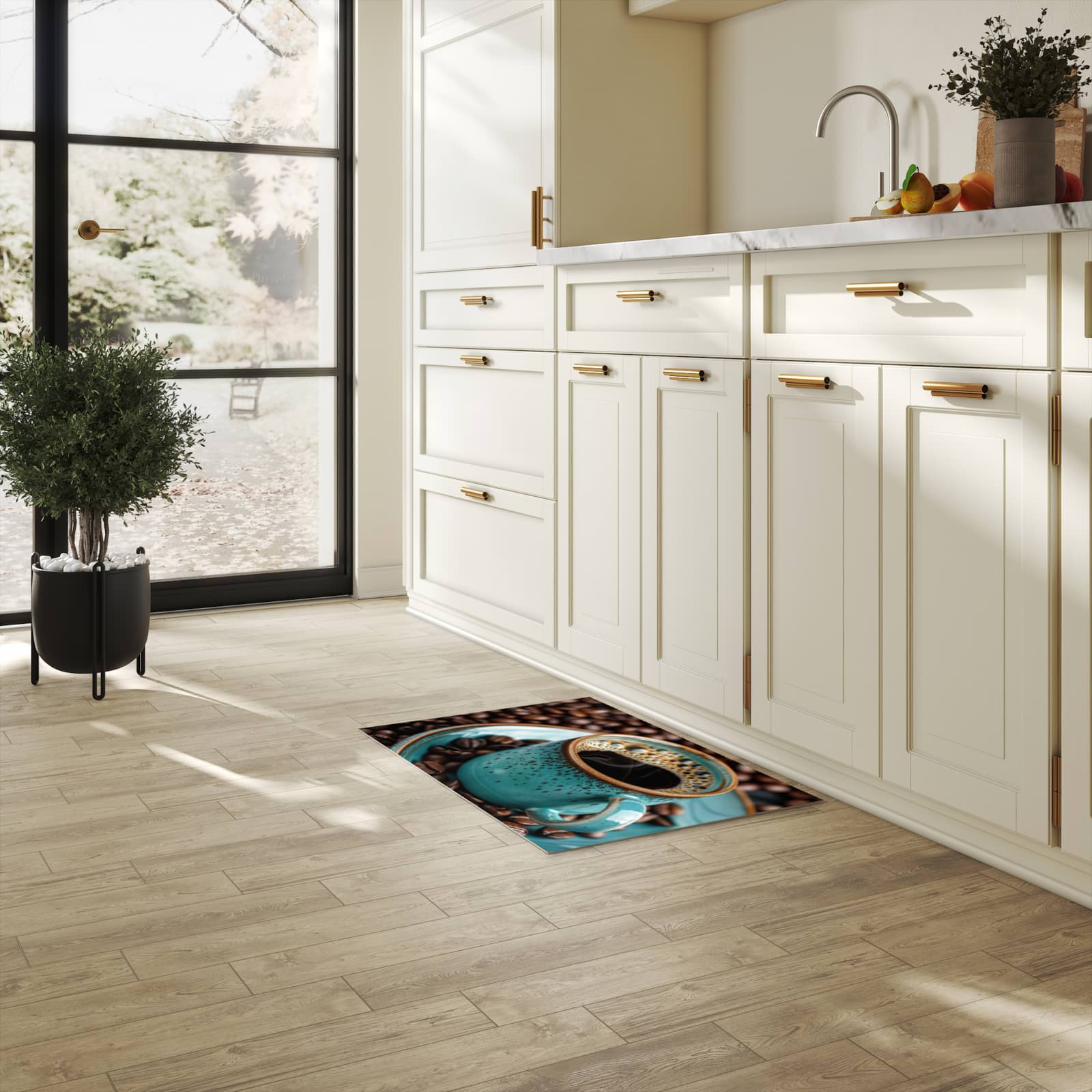 Rutschfester Küchenteppich mit Motiv Kaffee mit Tasse in heller Küche