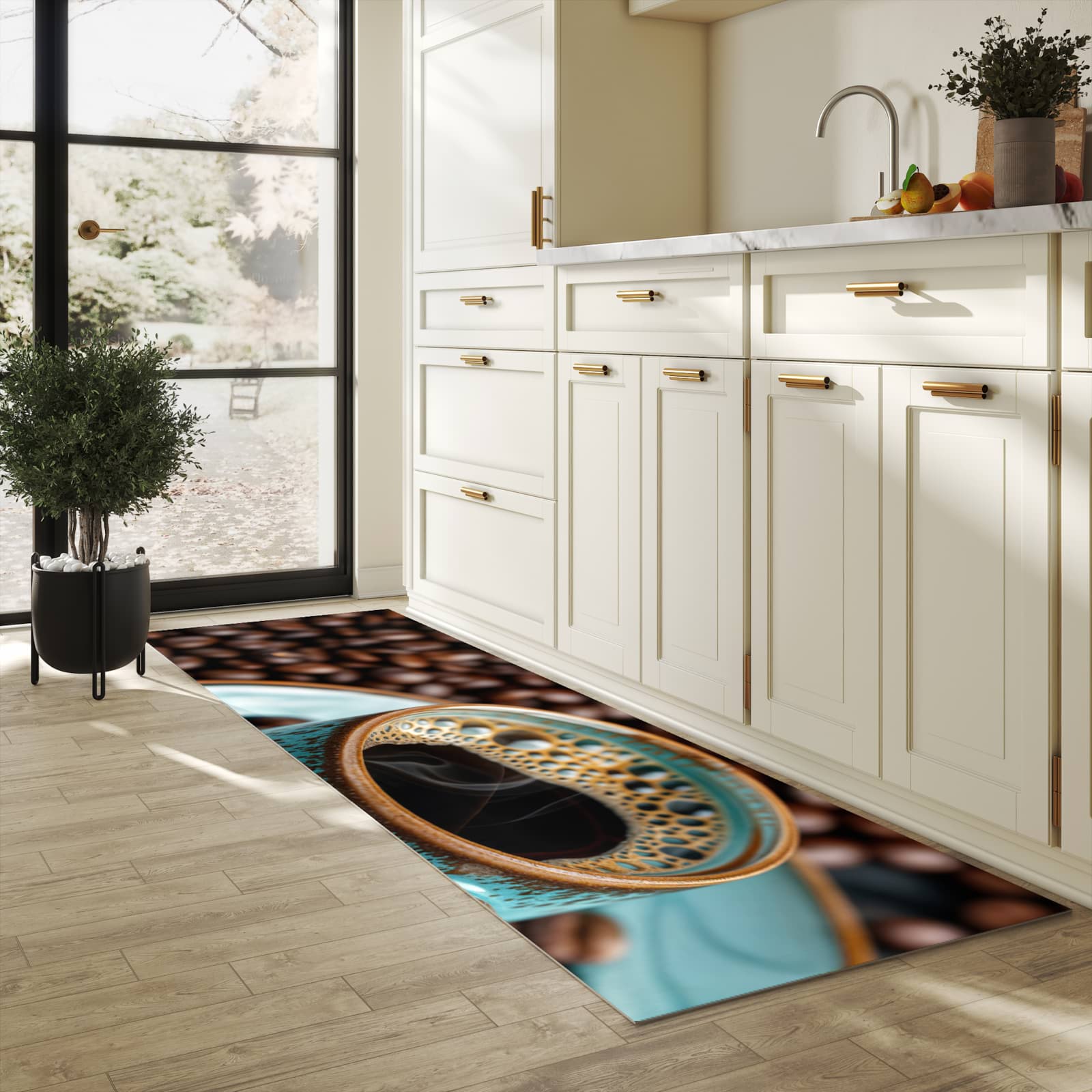 Küchenteppich mit Motiv Kaffee mit Tasse für Ordnung & Übersicht in heller Küche