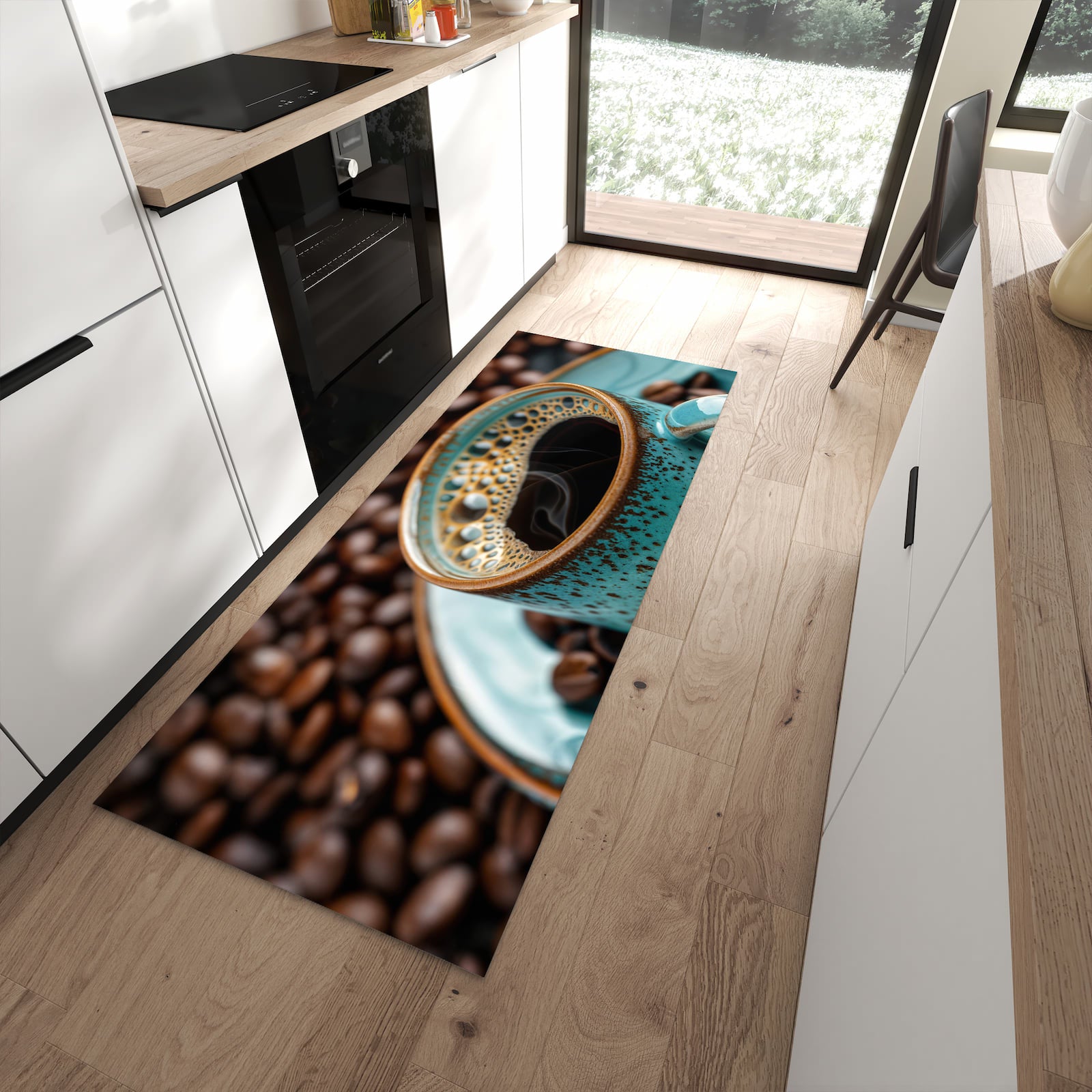 Komfortabler Küchenteppich mit Motiv Kaffee mit Tasse in moderner Küche