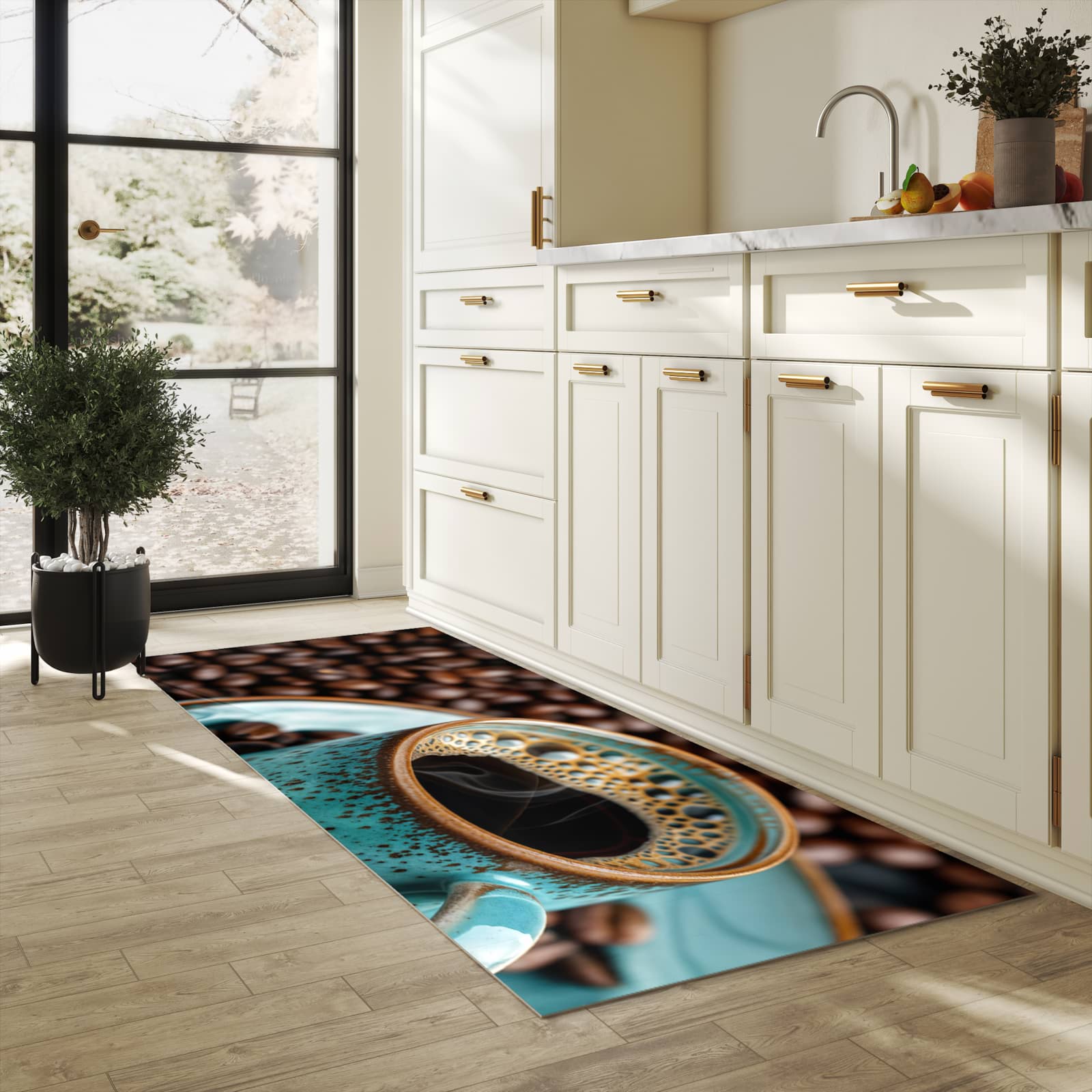 Formstabiler Küchenläufer mit Motiv Kaffee mit Tasse in heller Küche