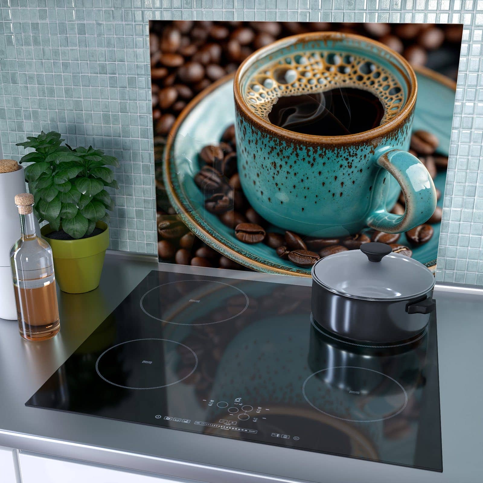 1-teilige Glasplatte für Herd mit Kaffee mit Tasse-Motiv als Spritzschutz hinter dem Kochfeld