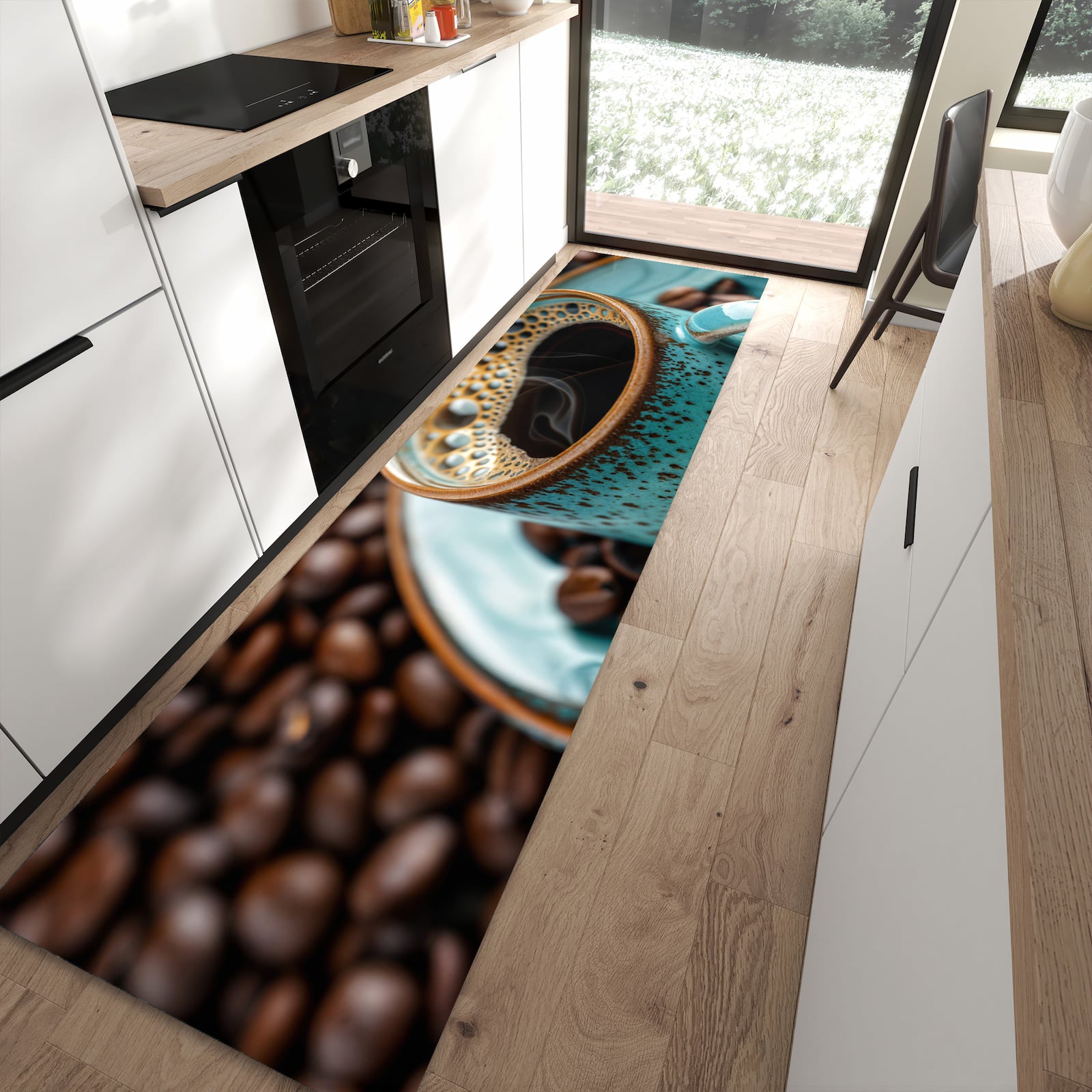 Schmutzabweisender Küchenteppich mit Motiv Kaffee mit Tasse in moderner Küche