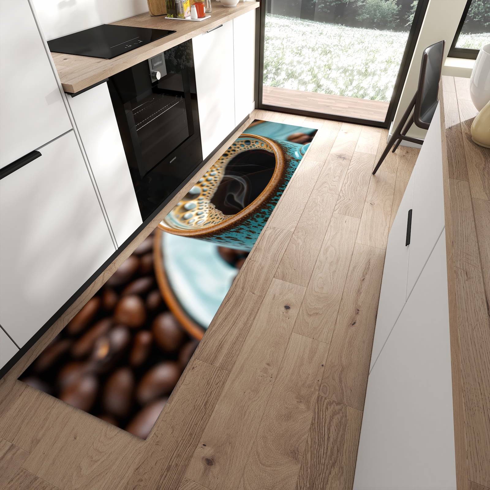 Geräuschdämpfender Küchenteppich mit Motiv Kaffee mit Tasse in moderner Küche