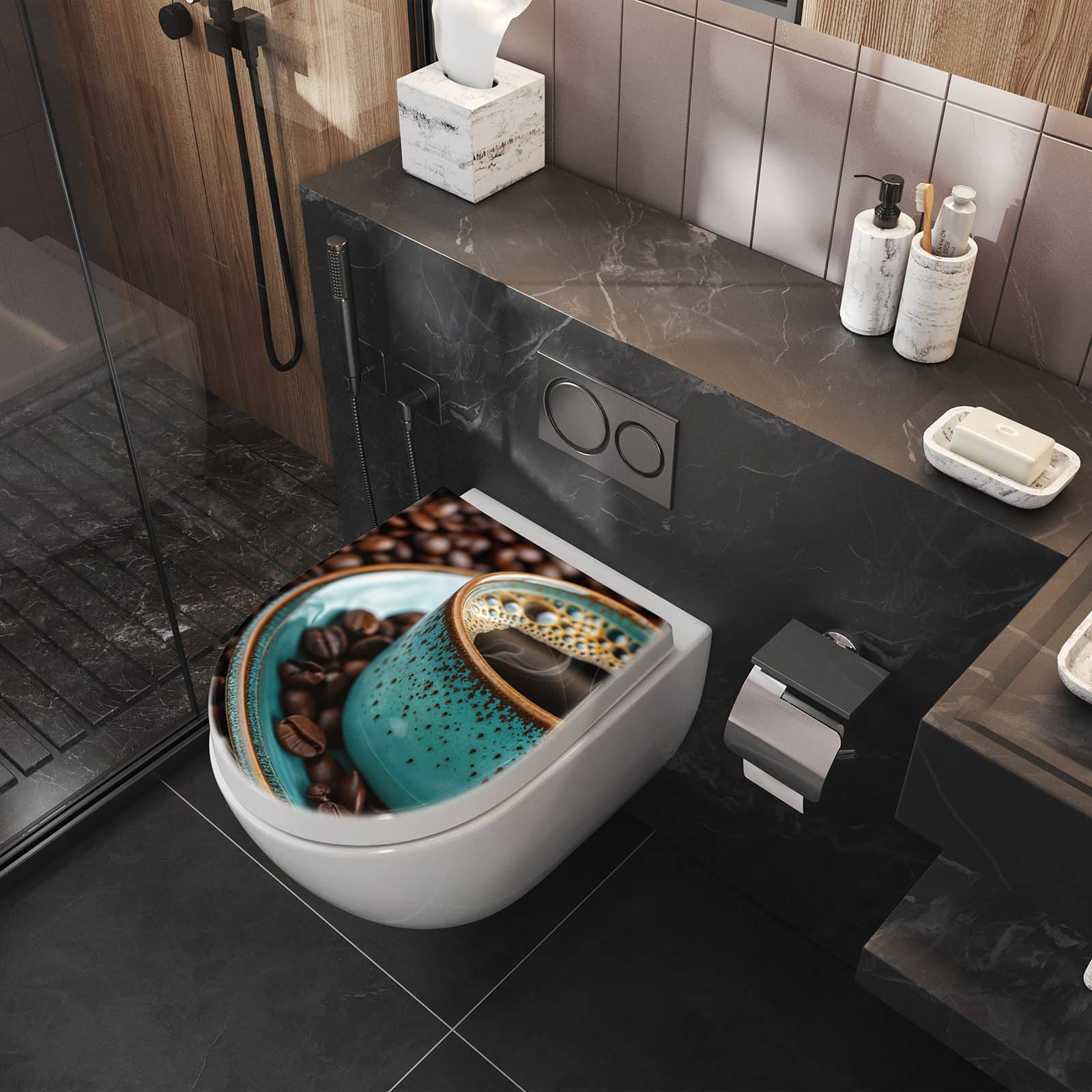 WC-Sitz mit Absenkautomatik Kaffee mit Tasse