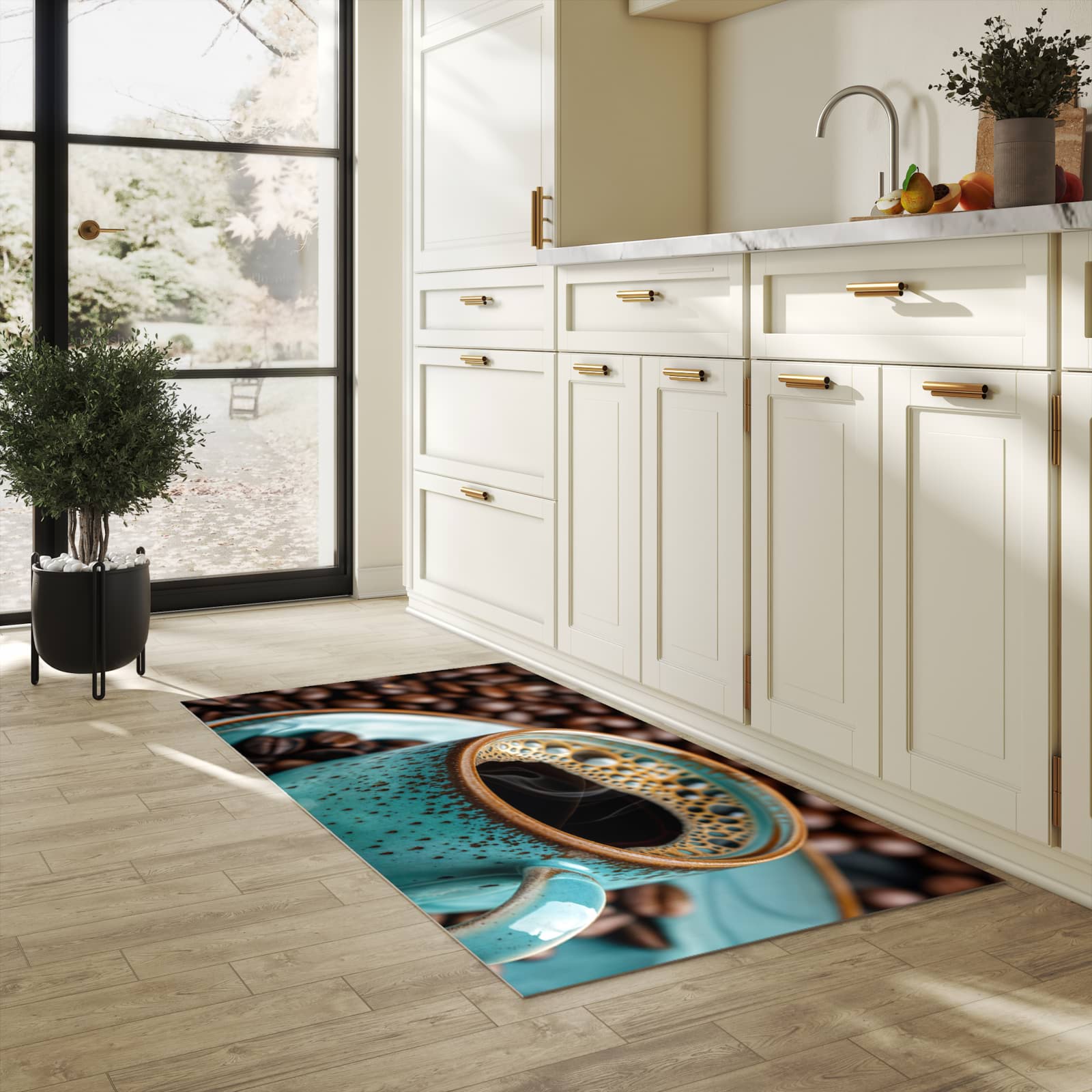 Farbbeständiger Läufer für die Küche mit Motiv Kaffee mit Tasse in heller Küche