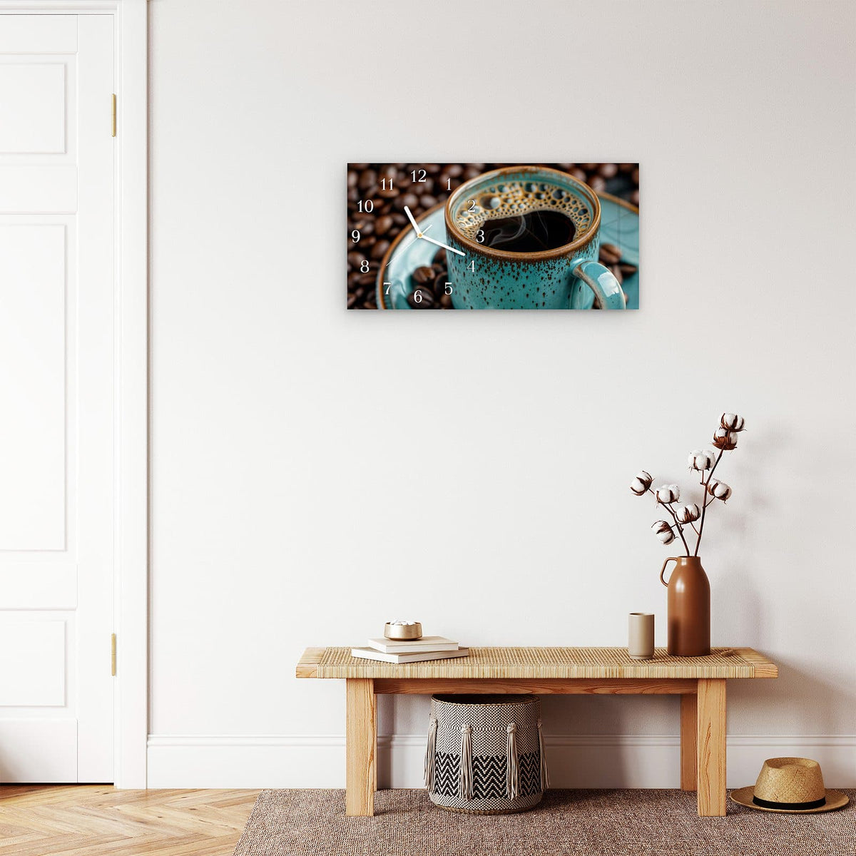 Moderne Wanduhr aus Glas mit Farbtiefe – Wanduhr Kaffee mit Tasse aus Glas – Querformat 60 × 30 cm