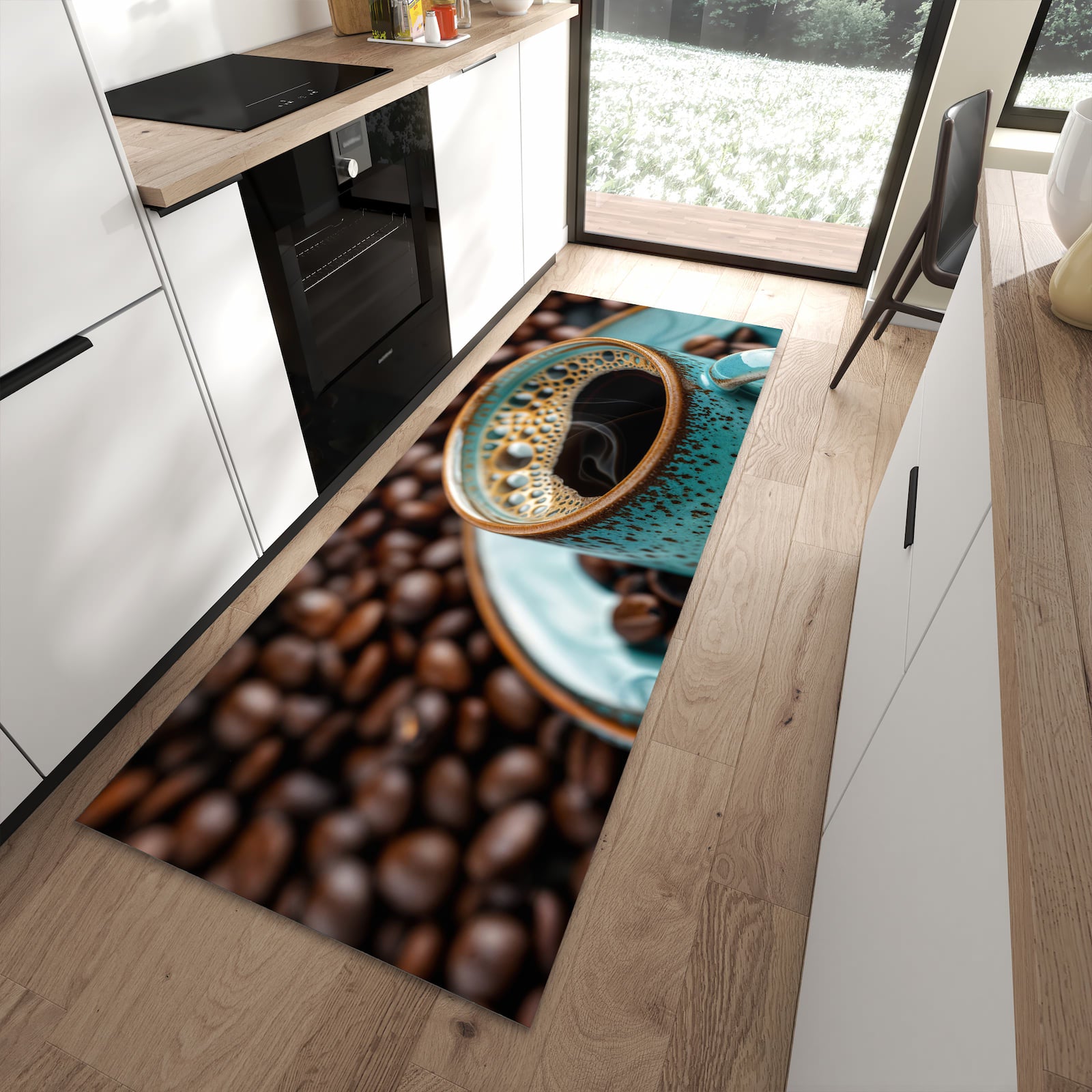 Langlebiger Küchenläufer mit Motiv Kaffee mit Tasse in moderner Küche