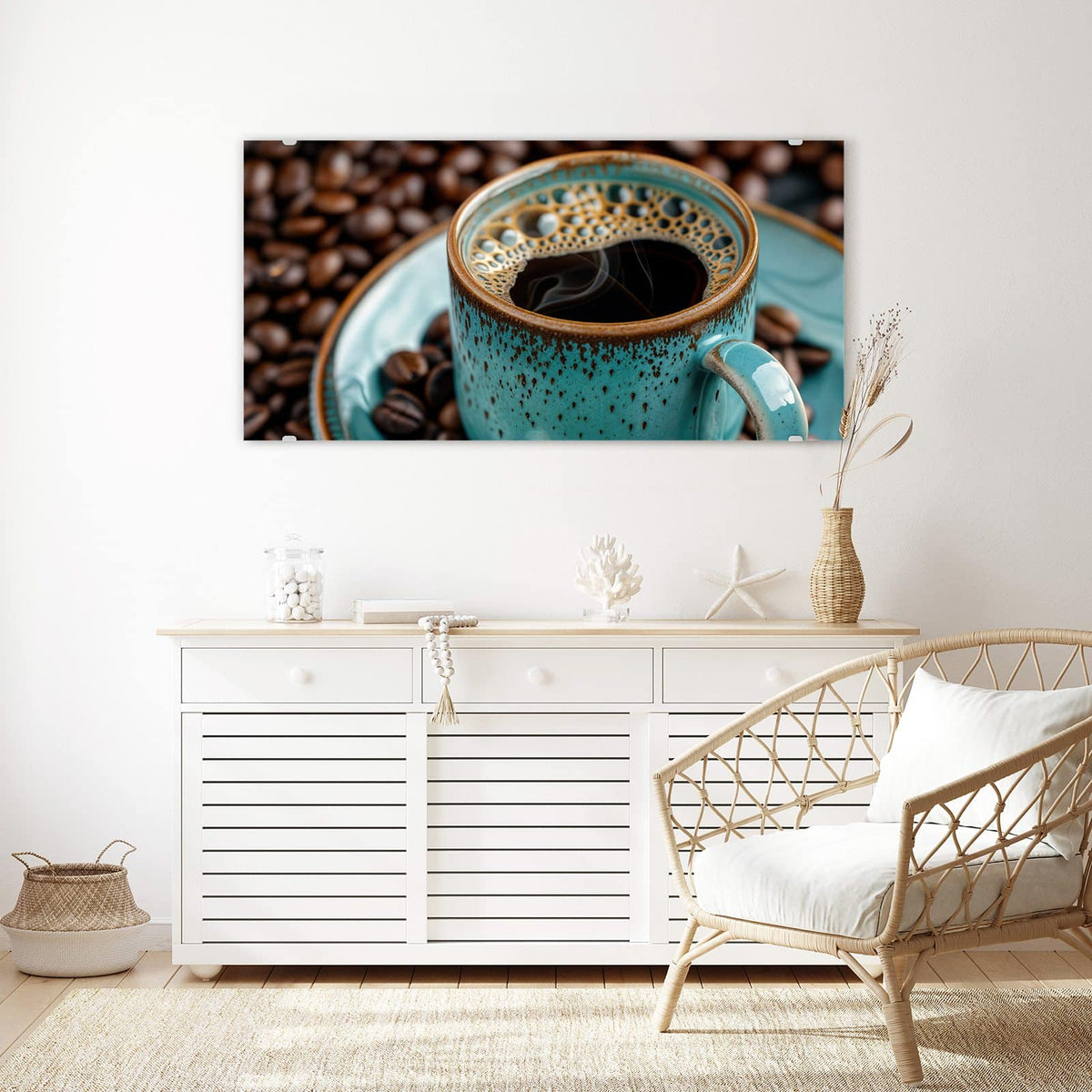 Echtglas, 4 mm – kein Acryl, keine Folie – Wandbild - Türkise Kaffeetasse - Querformat