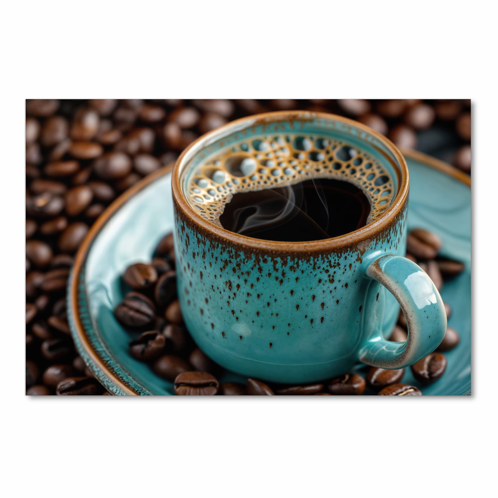 Feuchtigkeitsresistenter Teppich fürs Esstisch mit Motiv Kaffee mit Tasse in Frontansicht