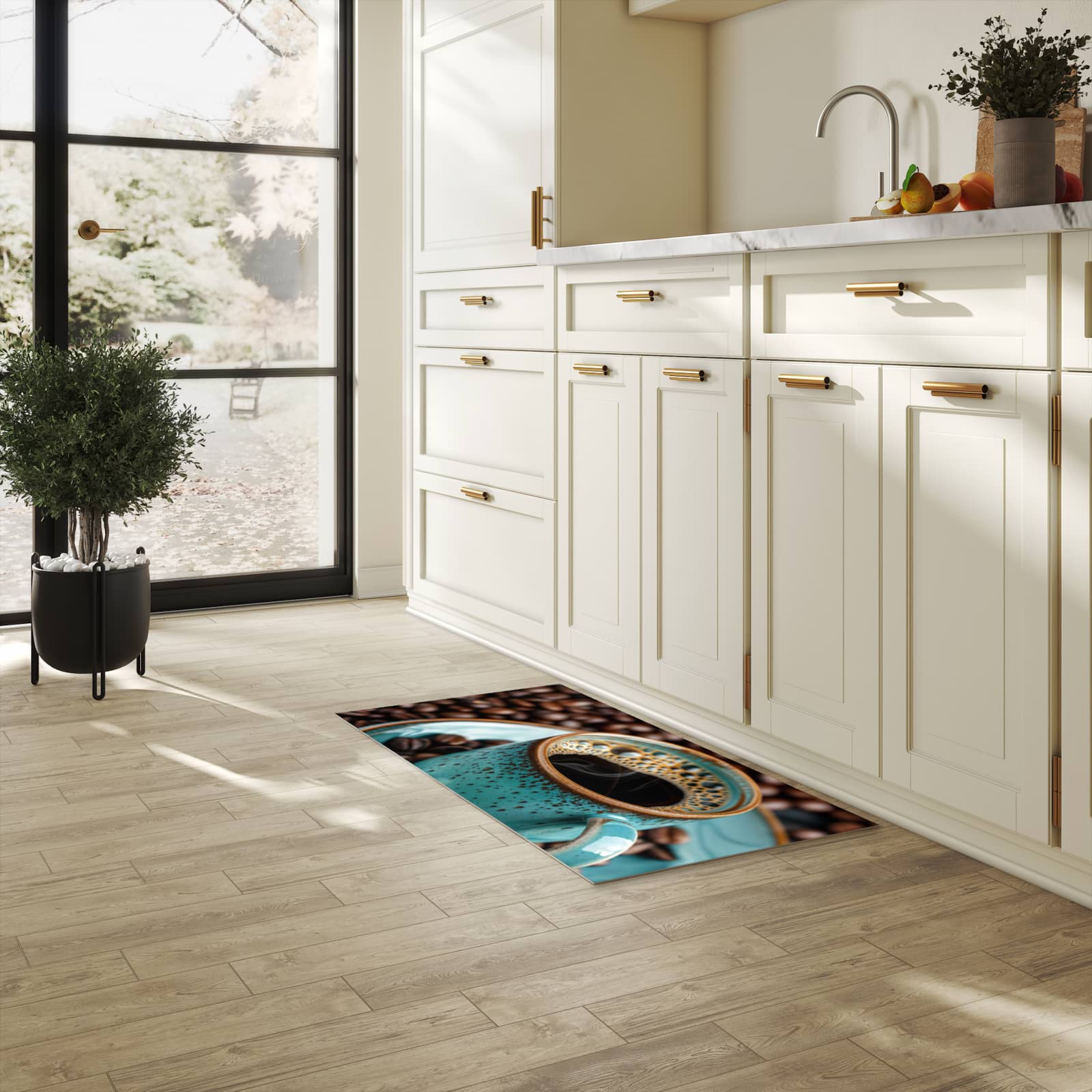 Pflegeleichter moderner Küchenläufer mit Motiv Kaffee mit Tasse in heller Küche