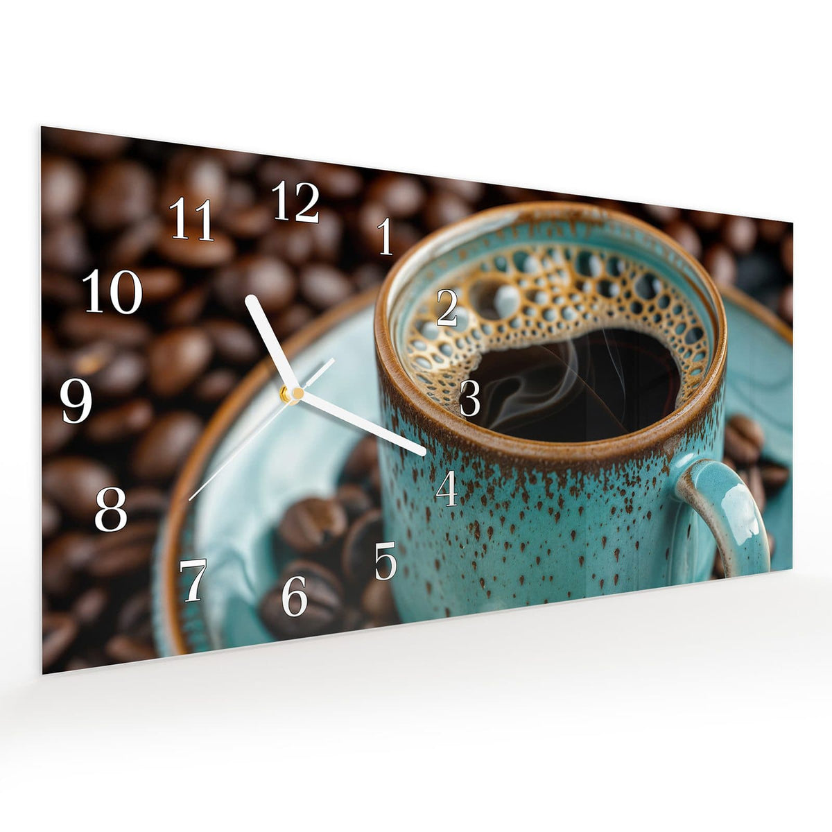 Vormontiert – mit Schwebeeffekt – Wanduhr Kaffee mit Tasse aus Glas – Querformat 60 × 30 cm