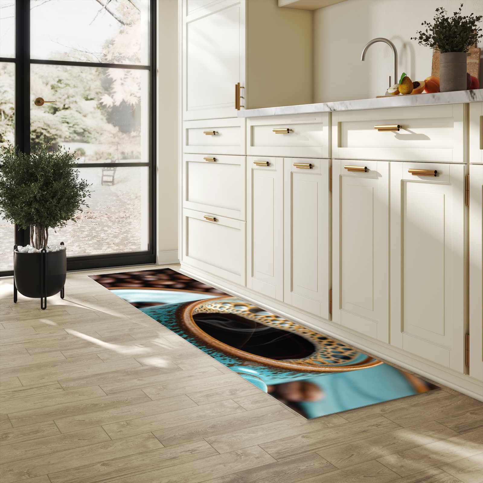 Waschbarer Küchenteppich mit Motiv Kaffee mit Tasse in heller Küche