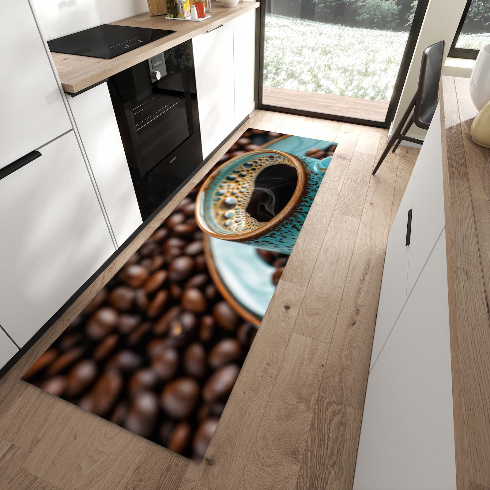 Wasserabweisender Teppich für die Küche mit Motiv Kaffee mit Tasse in moderner Küche