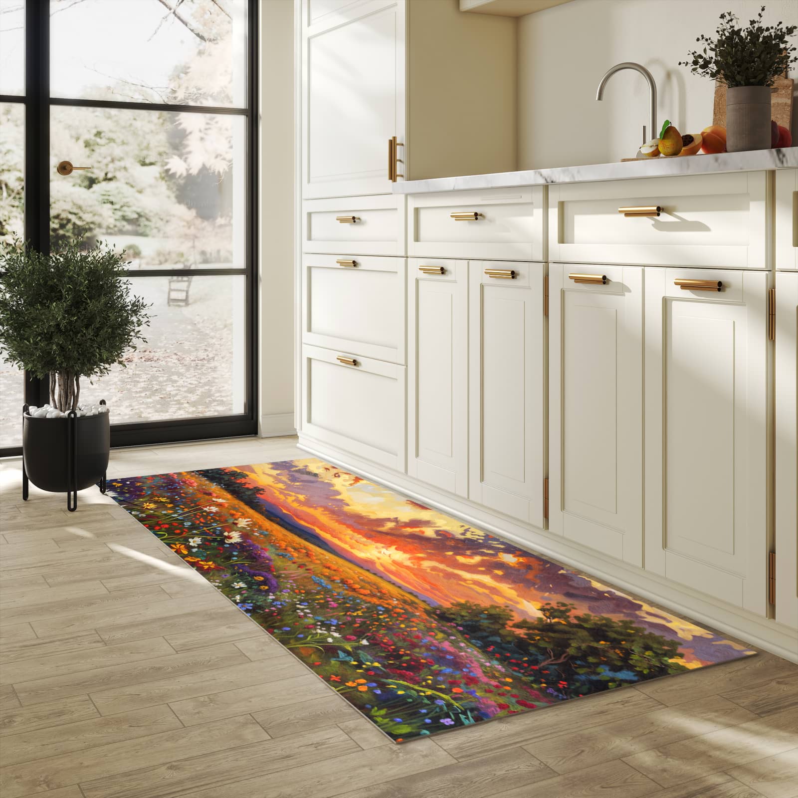 Rutschfester Küchenläufer mit Motiv Blumenwiese Sonnenuntergang in heller Küche zum Waschen