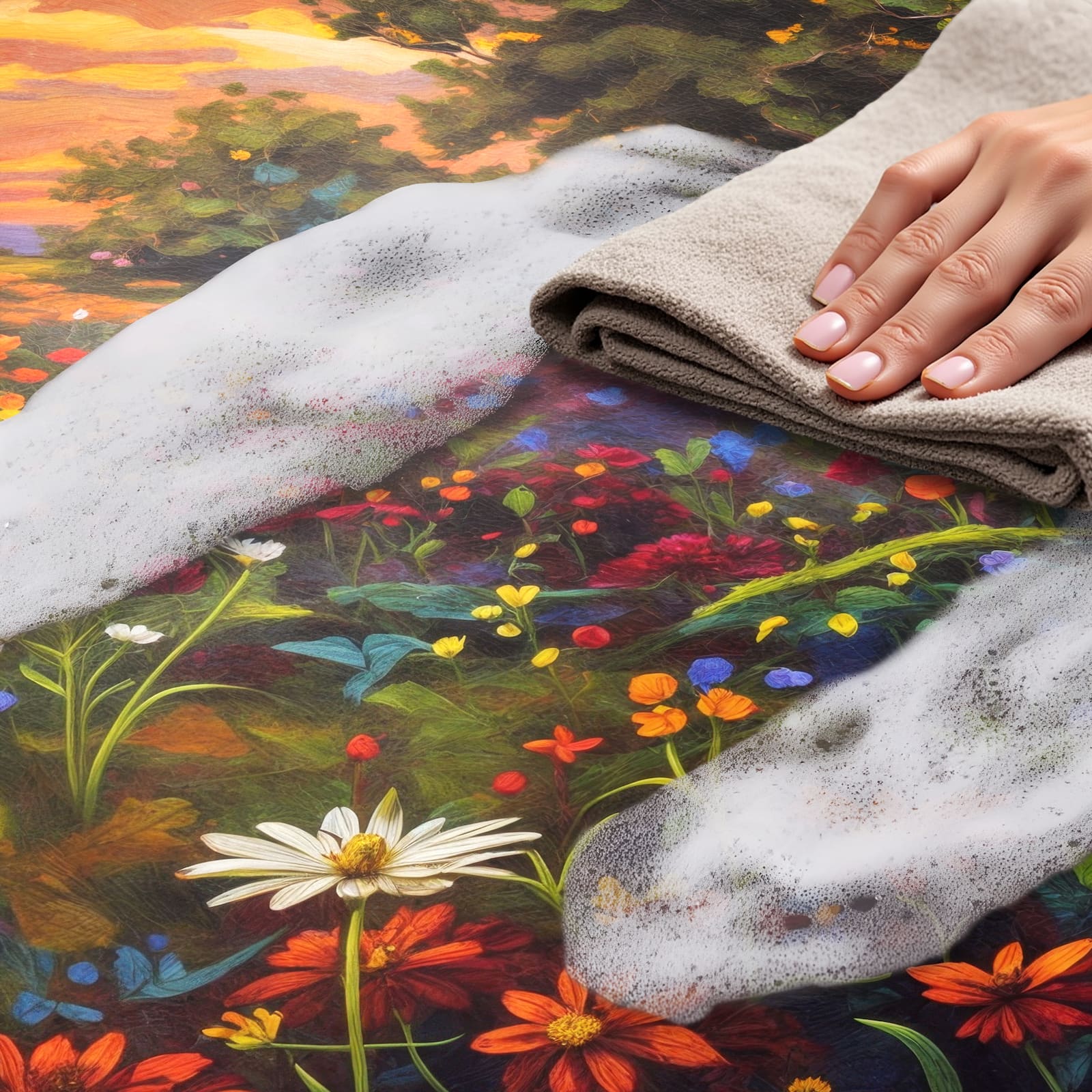 Schmutzabweisender Küchenteppich mit Motiv Blumenwiese Sonnenuntergang - einfach zu reinigen