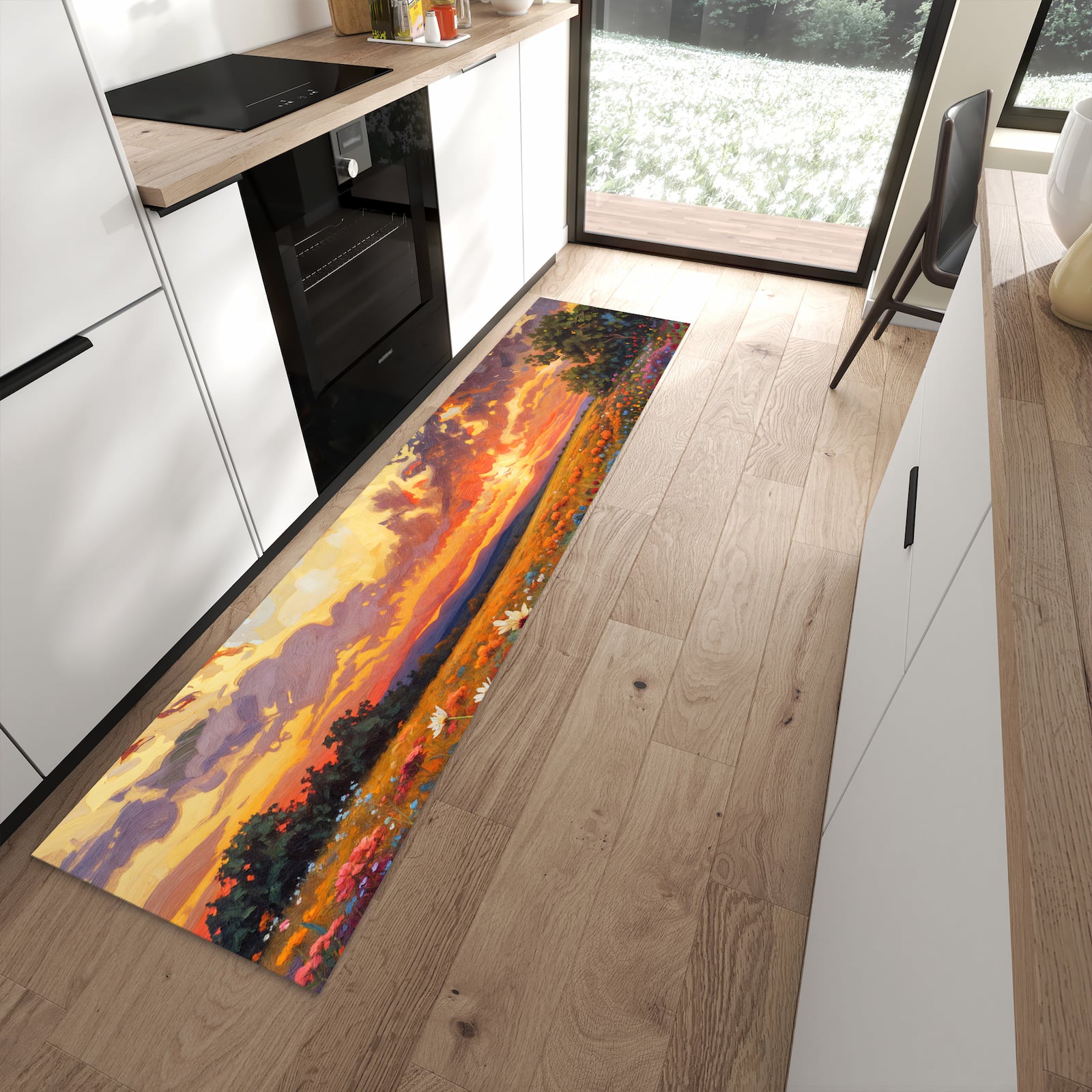 Küchenteppich mit Motiv Blumenwiese Sonnenuntergang für angenehme Haptik in moderner Küche