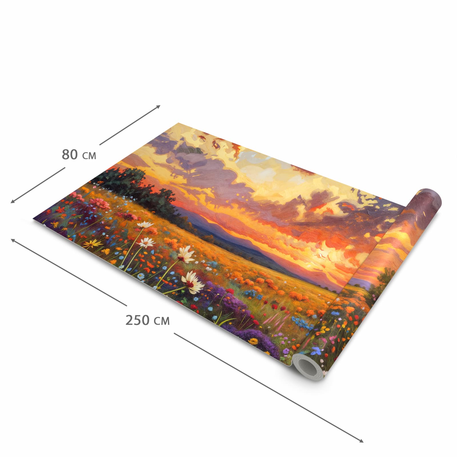 Feuchtigkeitsresistenter Teppich für die Küche mit Motiv Blumenwiese Sonnenuntergang in der Grösse 80x280 cm