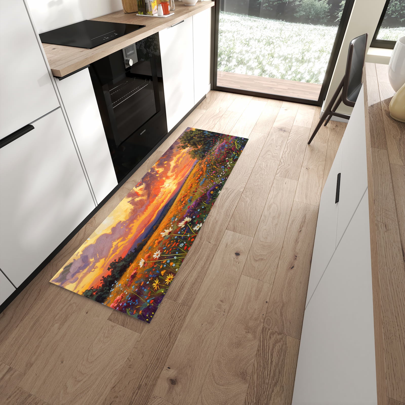 Waschbarer Küchenteppich mit Motiv Blumenwiese Sonnenuntergang in moderner Küche